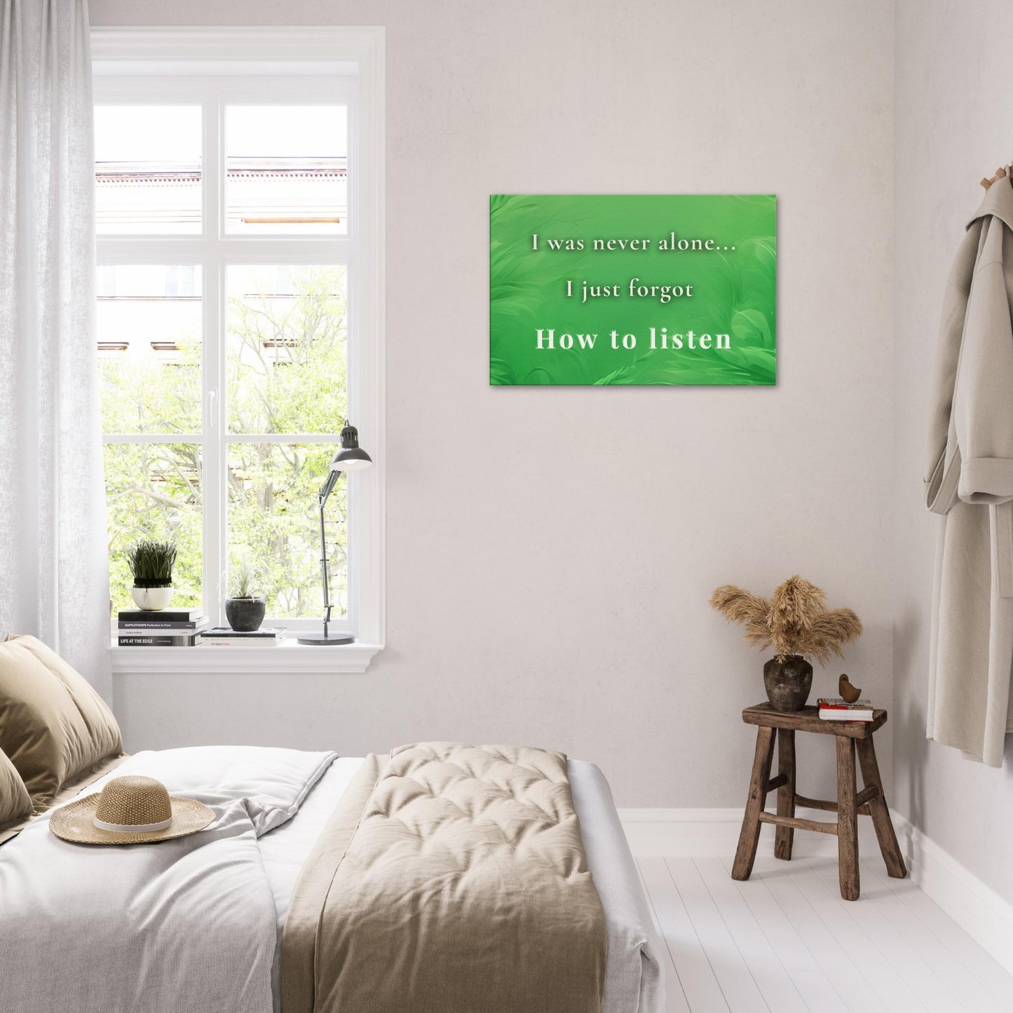 Serene green background canvas with sobriety quote on remembering presence and learning to listen within