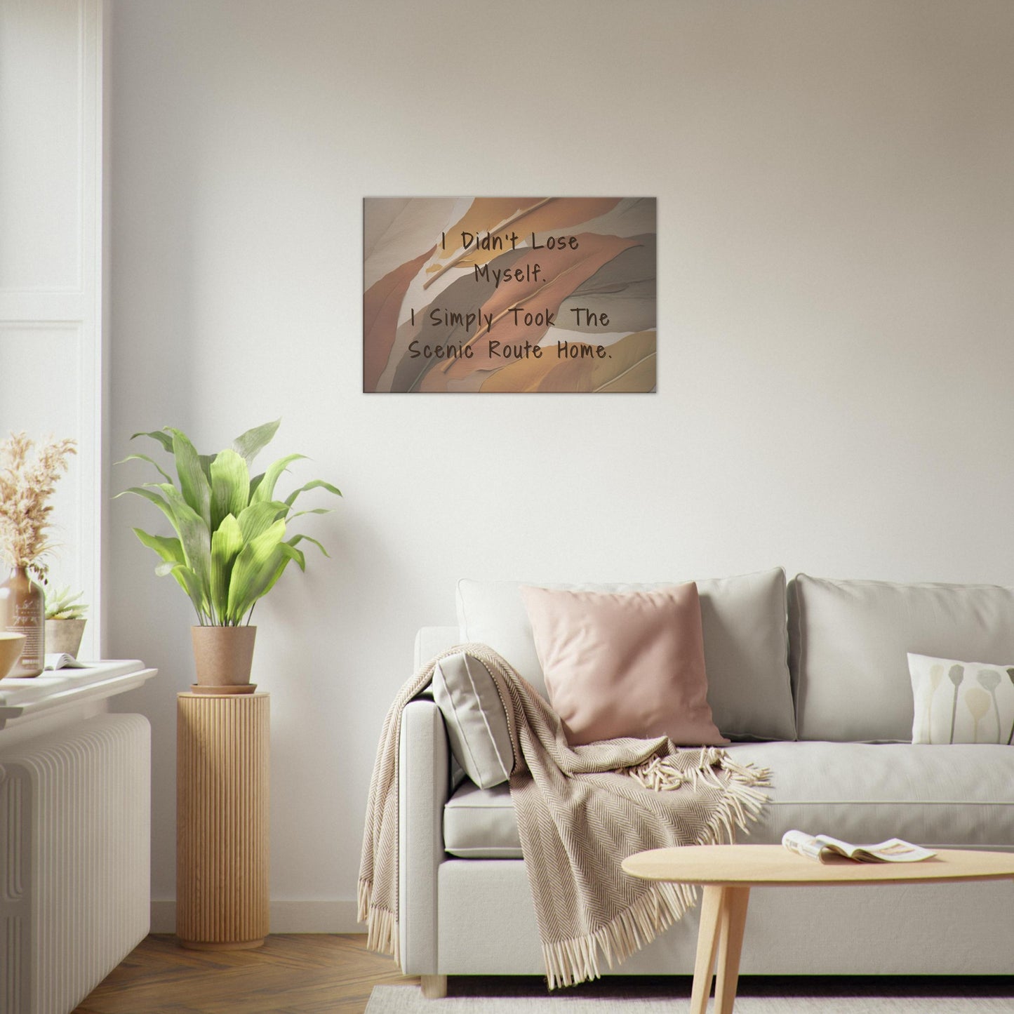 Warm inspirational recovery canvas with grounding quote and neutral-toned feather background