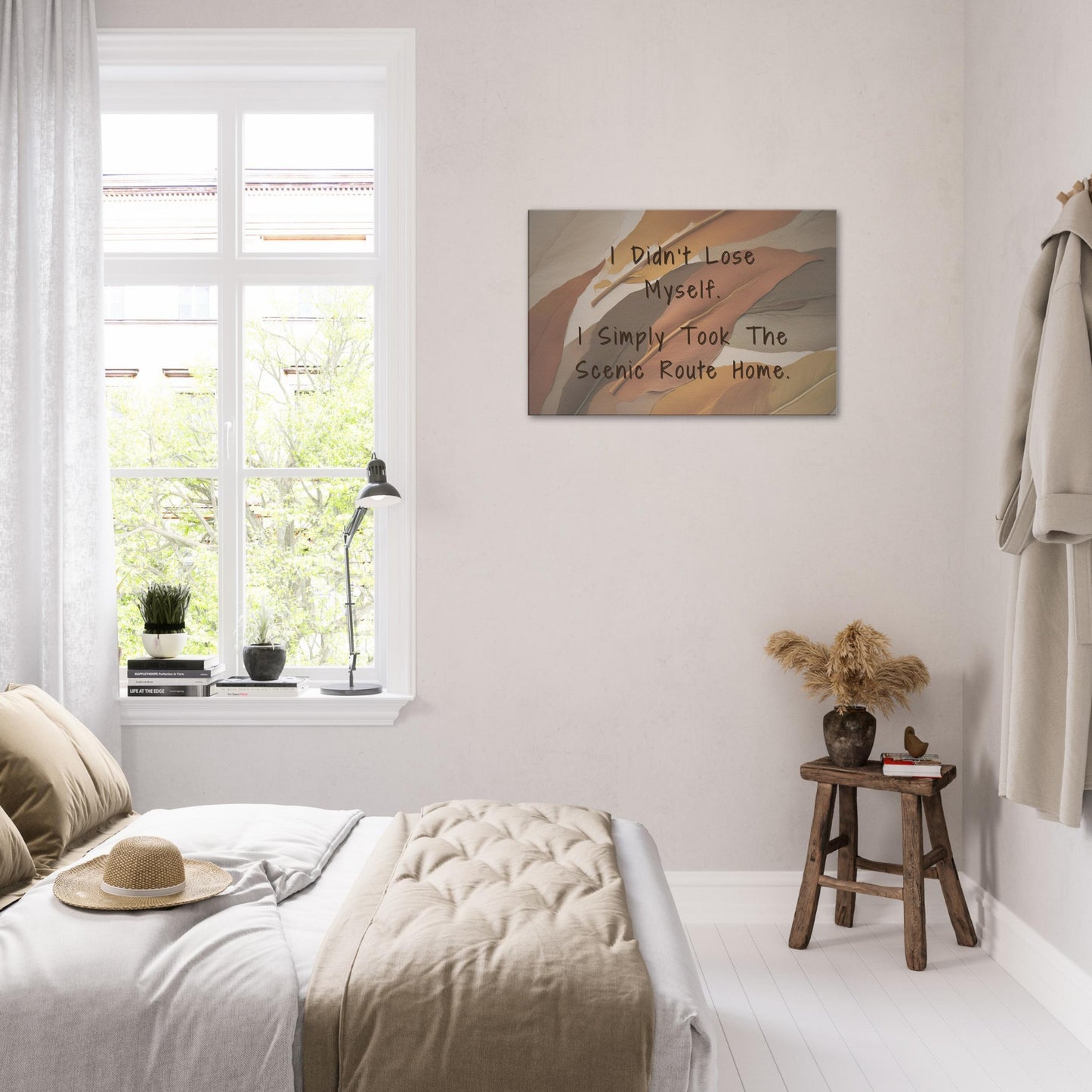 Feather-textured sobriety inspired wall art with gentle personal growth message about taking the long way home