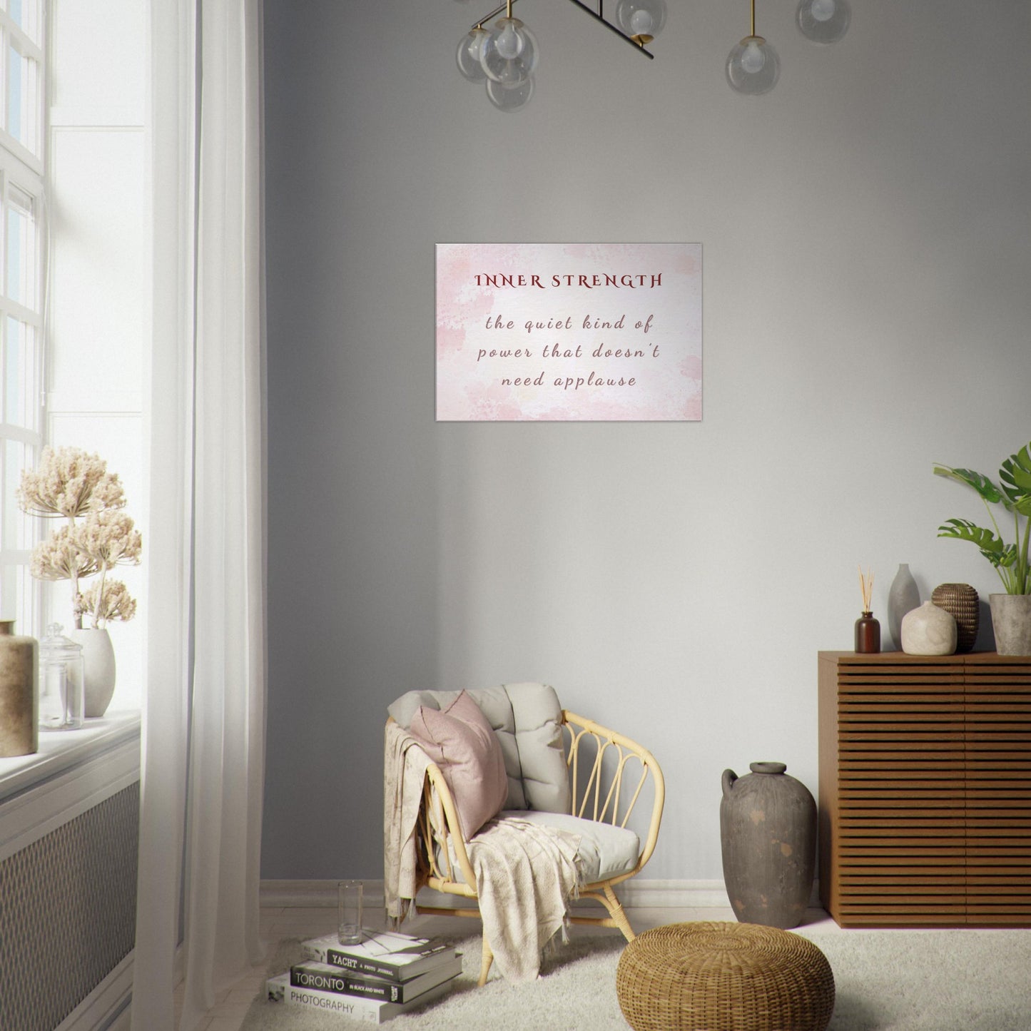 Horizontal sobriety inspired canvas print with soft feminine design and quote of strength that doesn’t seek applause