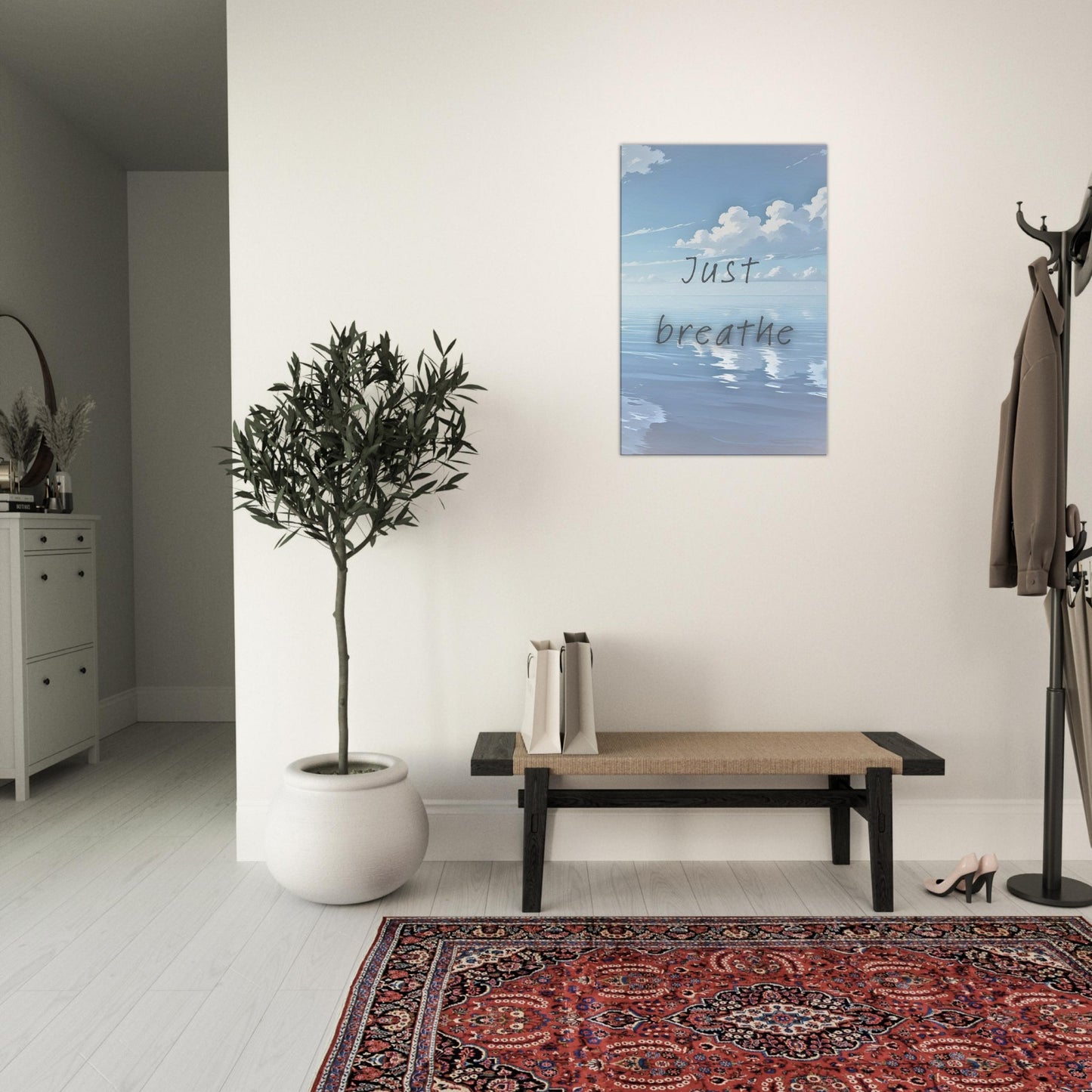 Minimalist inspirational sobriety print featuring tranquil water and gentle reminder to breathe and stay present