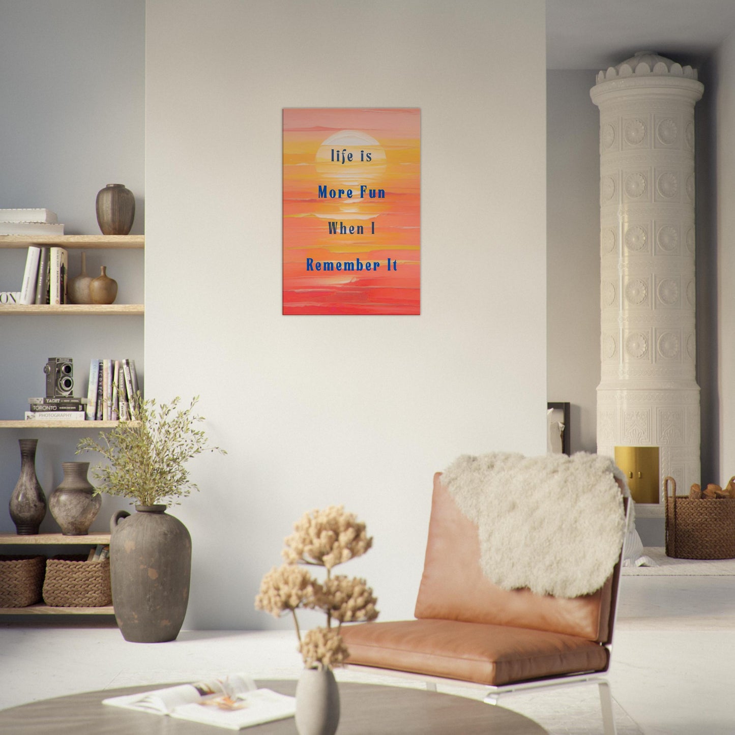 Sobriety canvas wall art, sunset painting with text Life is more fun when I remember it in bold navy blue font