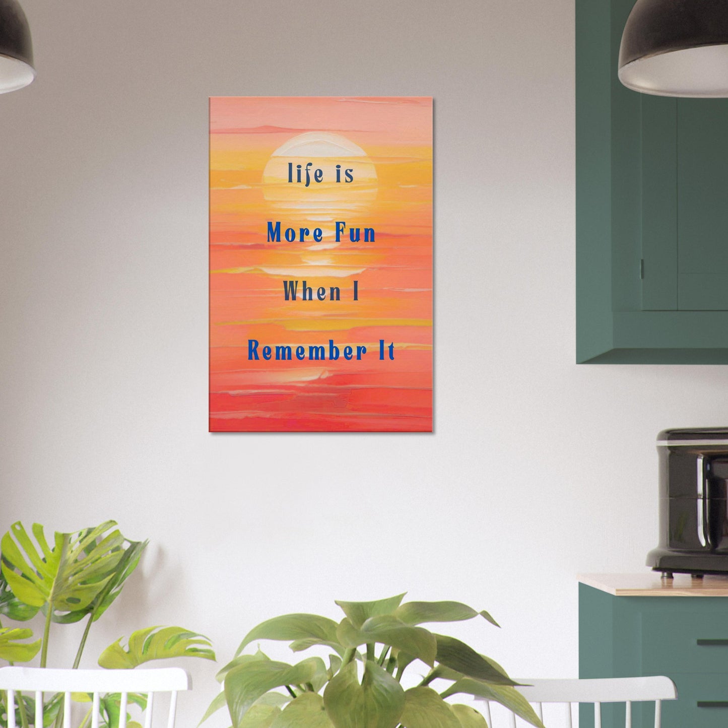 Peach and yellow abstract sunset background with navy text Life is more fun when I remember it, recovery canvas art