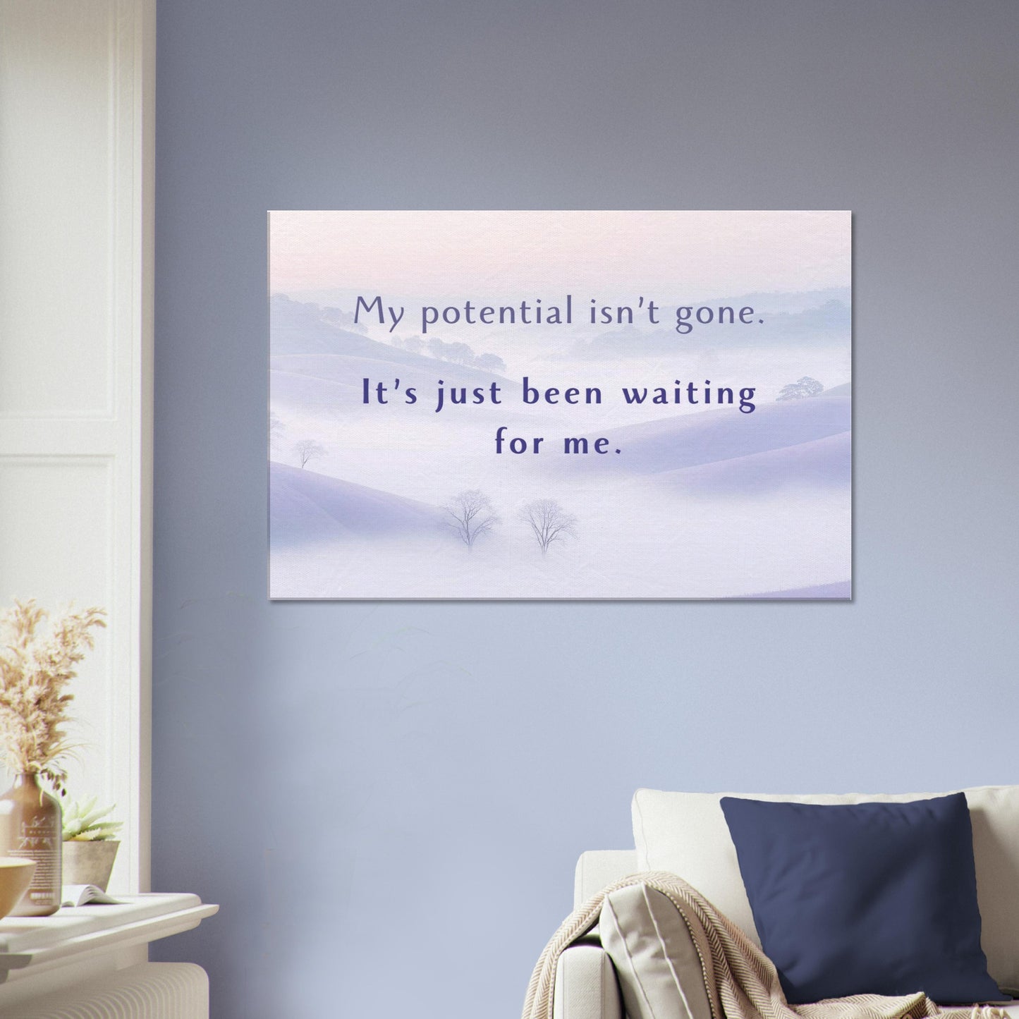 Recovery canvas print with Inspirational quote featuring misty hills and affirmation of personal progress
