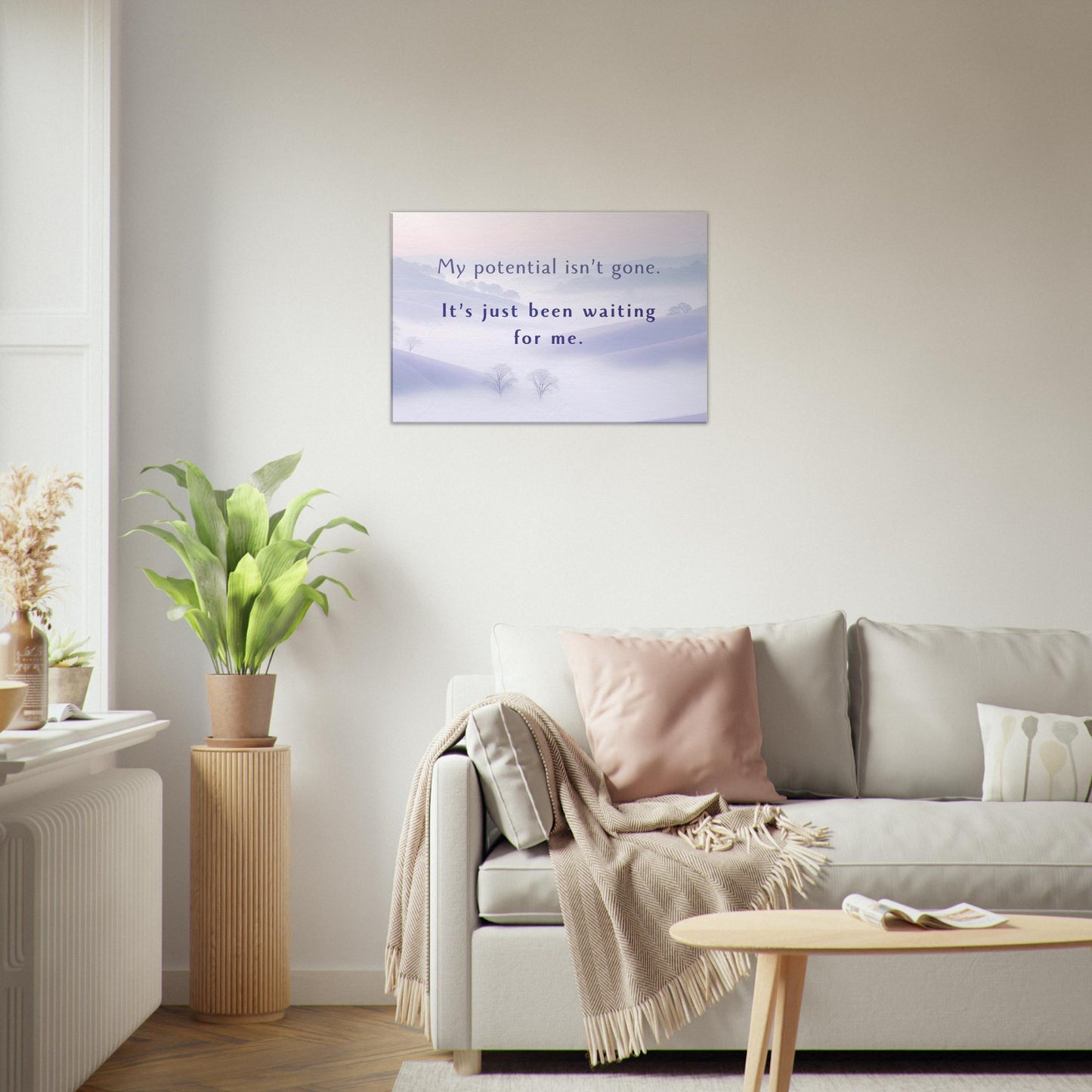 Modern sobriety focused canvas wall print on soft lavender backdrop with playful message of personal potential
