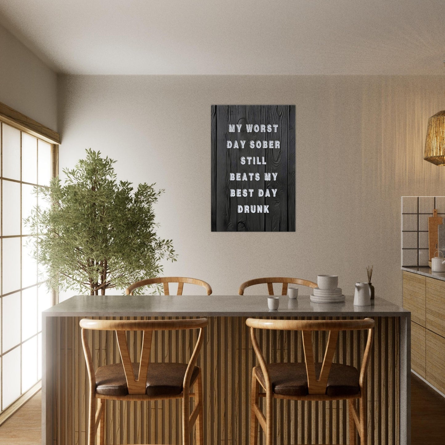 Uplifting quote art about staying sober, with rustic design and message of strength through recovery