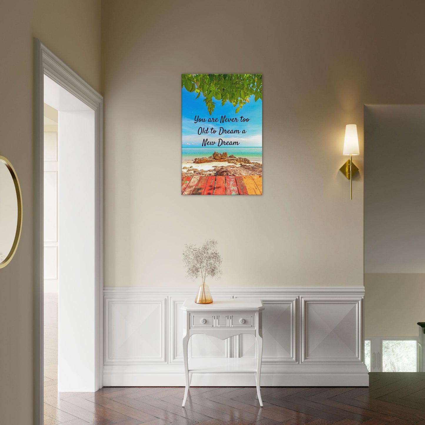Inspirational recovery canvas print with hopeful message on tropical beach background and rustic texture