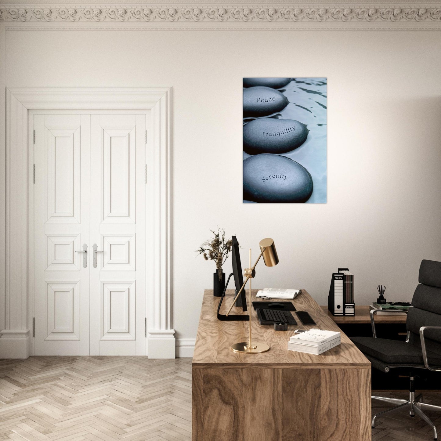 Recovery-themed wall decor with serene stones and words promoting inner peace