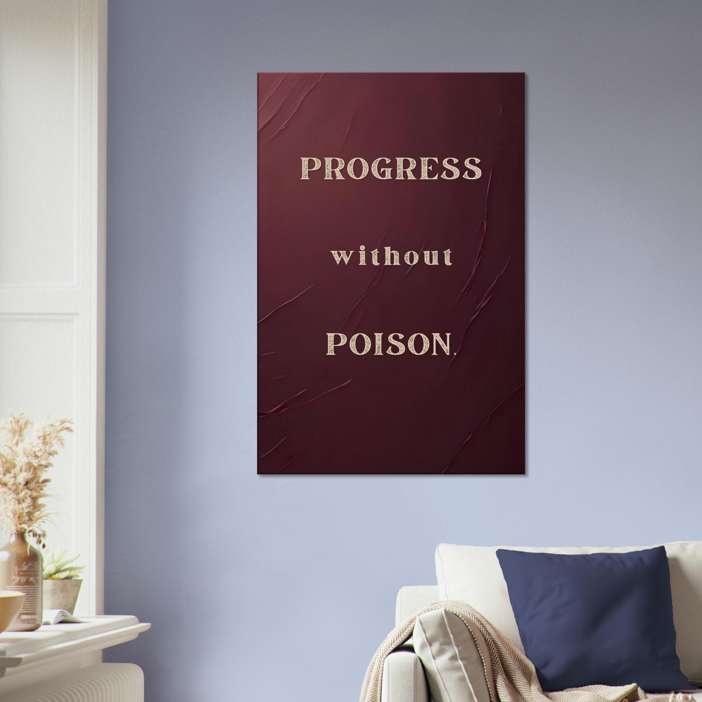 Recovery canvas print with quote “Progress Without Poison” on textured burgundy wash background.