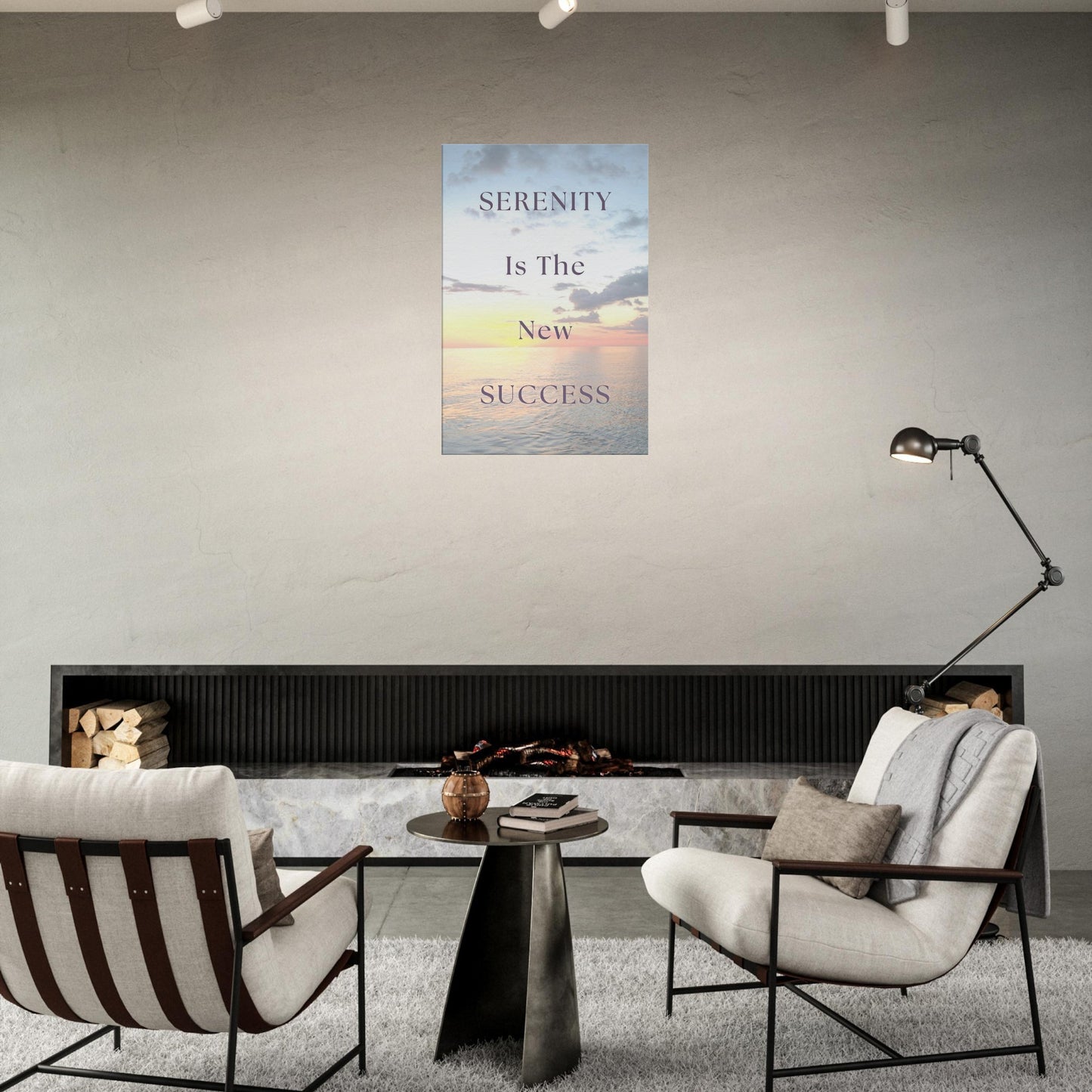 Recovery-themed wall art with calming quote and a golden sunset with tranquil ocean background