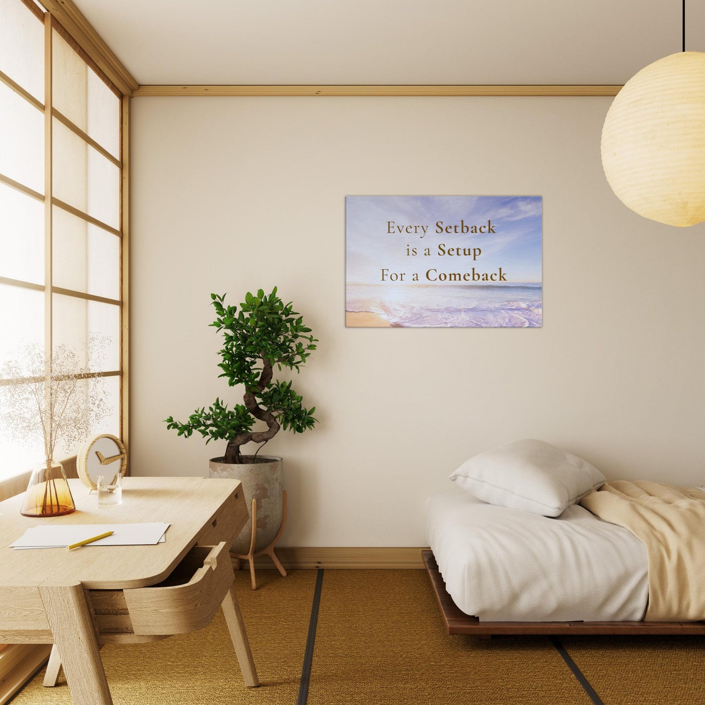 Recovery focused canvas wall art with motivational quote "every setback is a setup for a comeback" on ocean scene