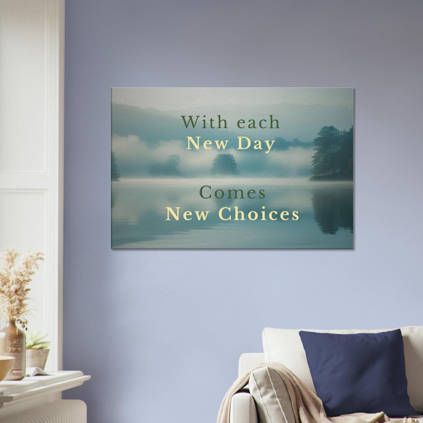 Uplifting sober living wall art showing calm lake scene with hopeful quote about new beginnings and daily choices
