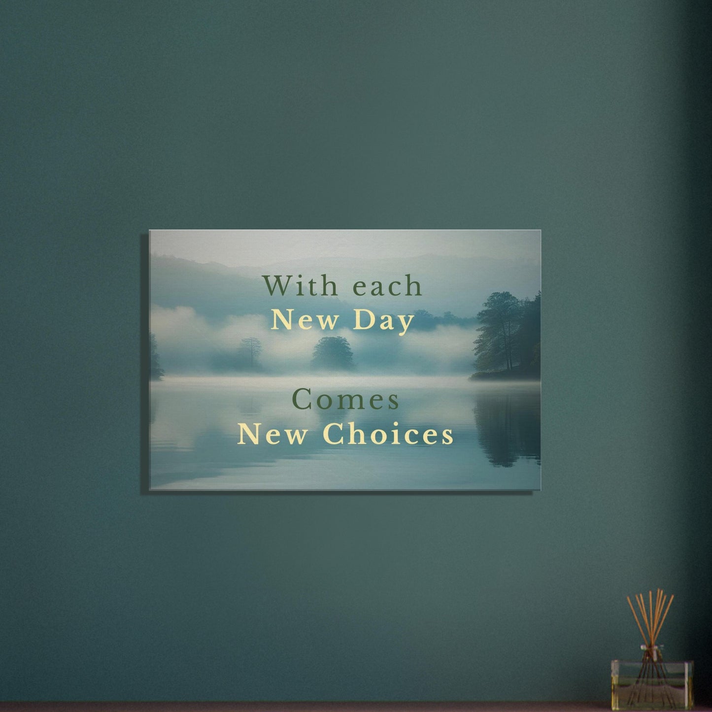 Misty forest lake at sunrise with inspirational recovery quote on canvas wall art, perfect for healing or reflection spaces