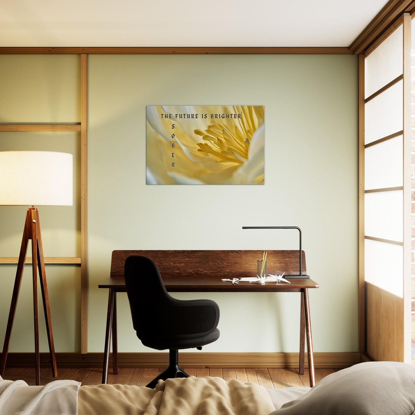 Recovery canvas art featuring yellow bloom and quote about choosing clarity, sobriety, and healing