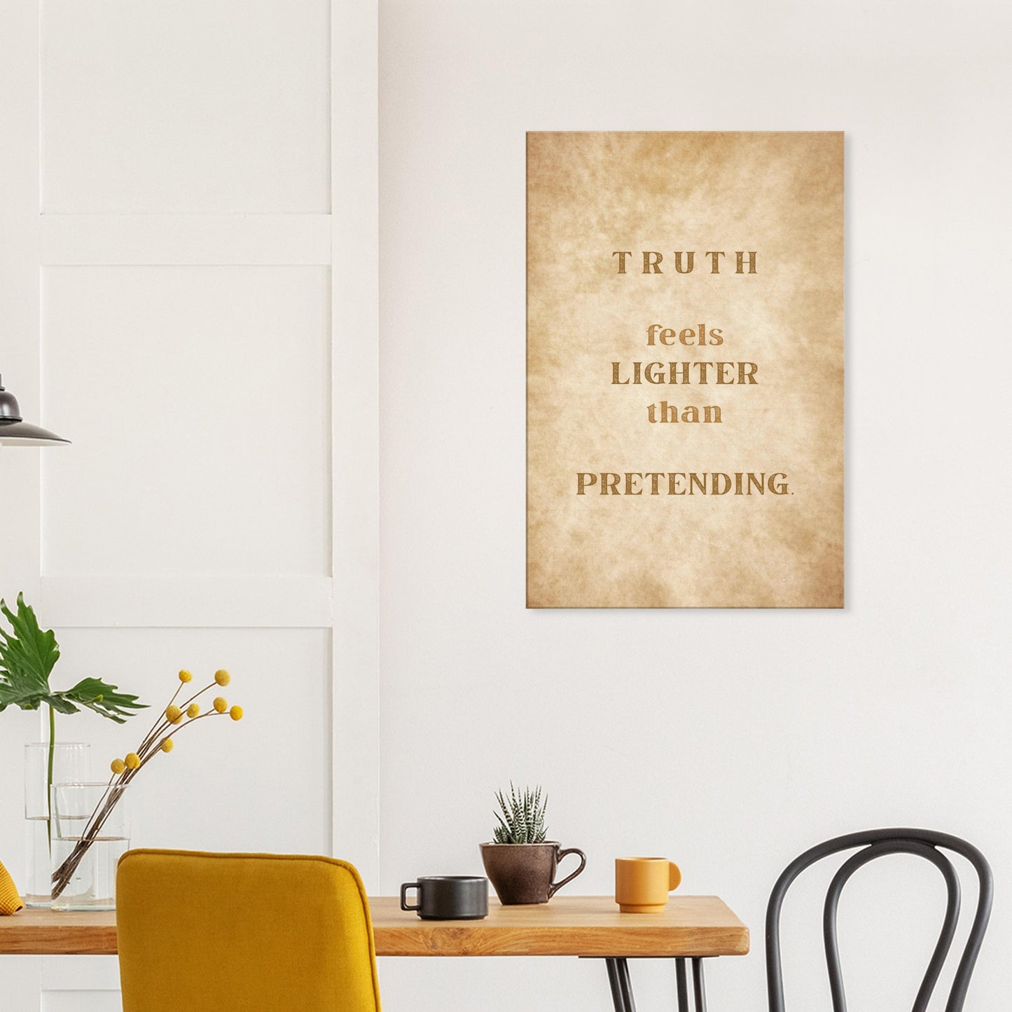Motivational recovery wall art with bold words “Truth Feels Lighter Than Pretending” in bronze serif font.
