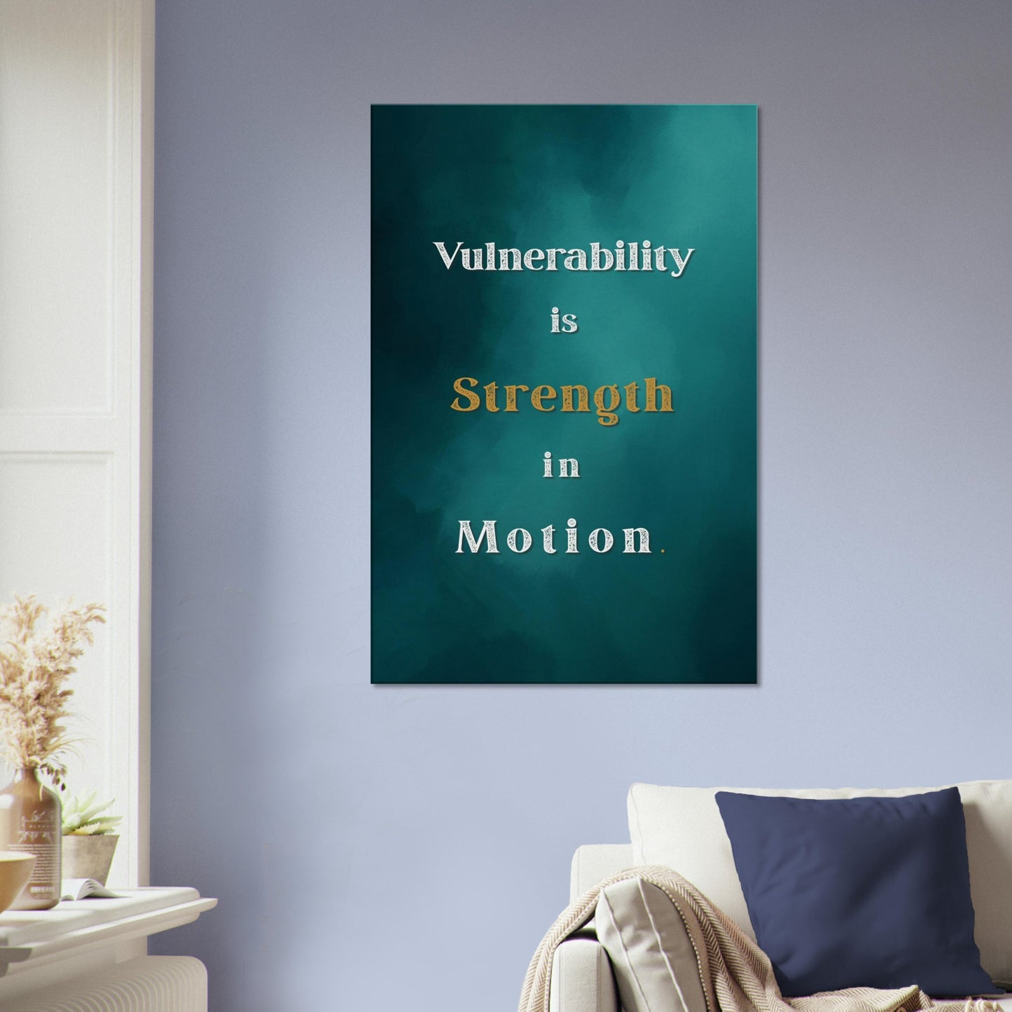 Motivational recovery canvas print featuring quote “Vulnerability Is Strength in Motion” with textured teal backdrop.