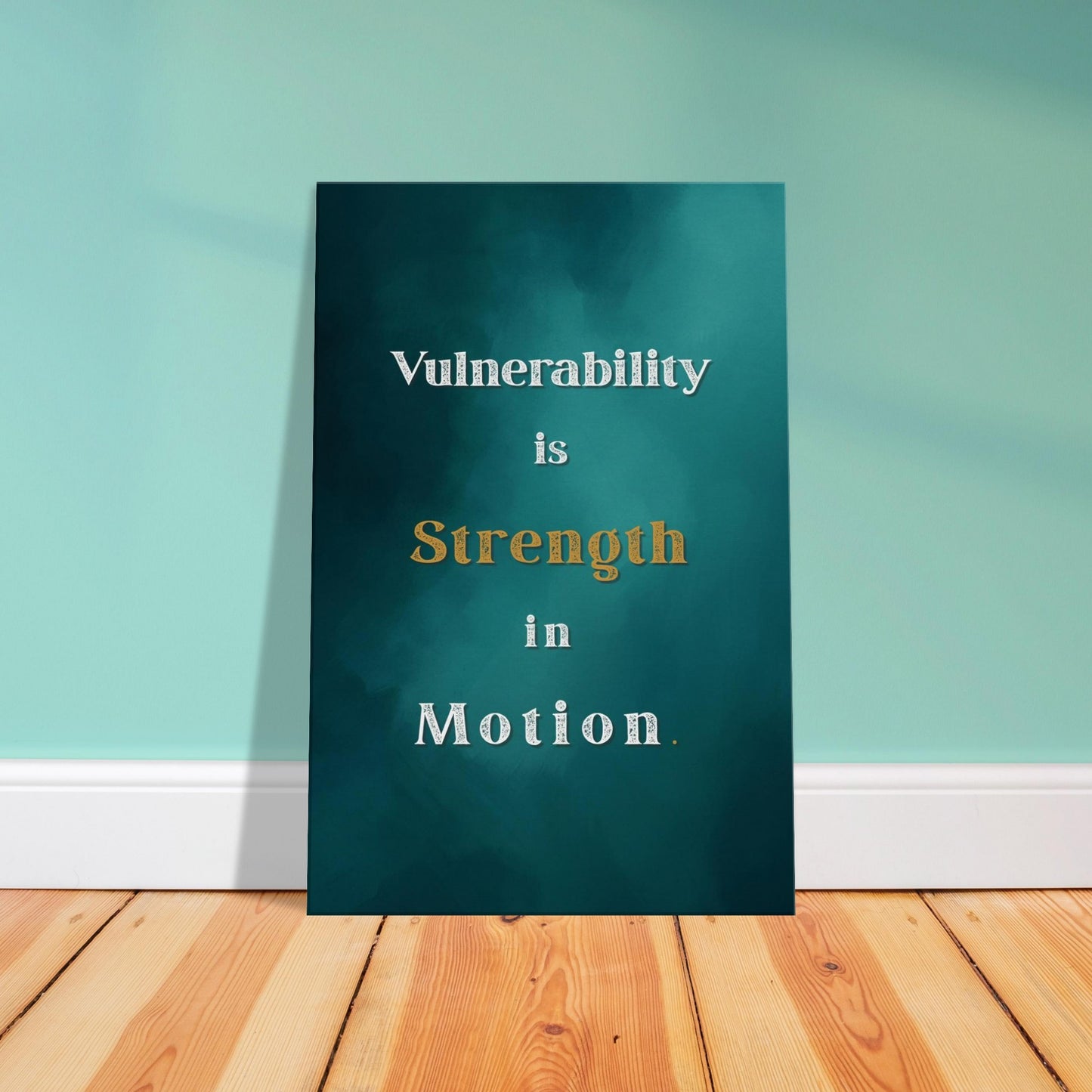Inspirational sobriety wall art reading “Vulnerability Is Strength in Motion” in cream and bronze font.