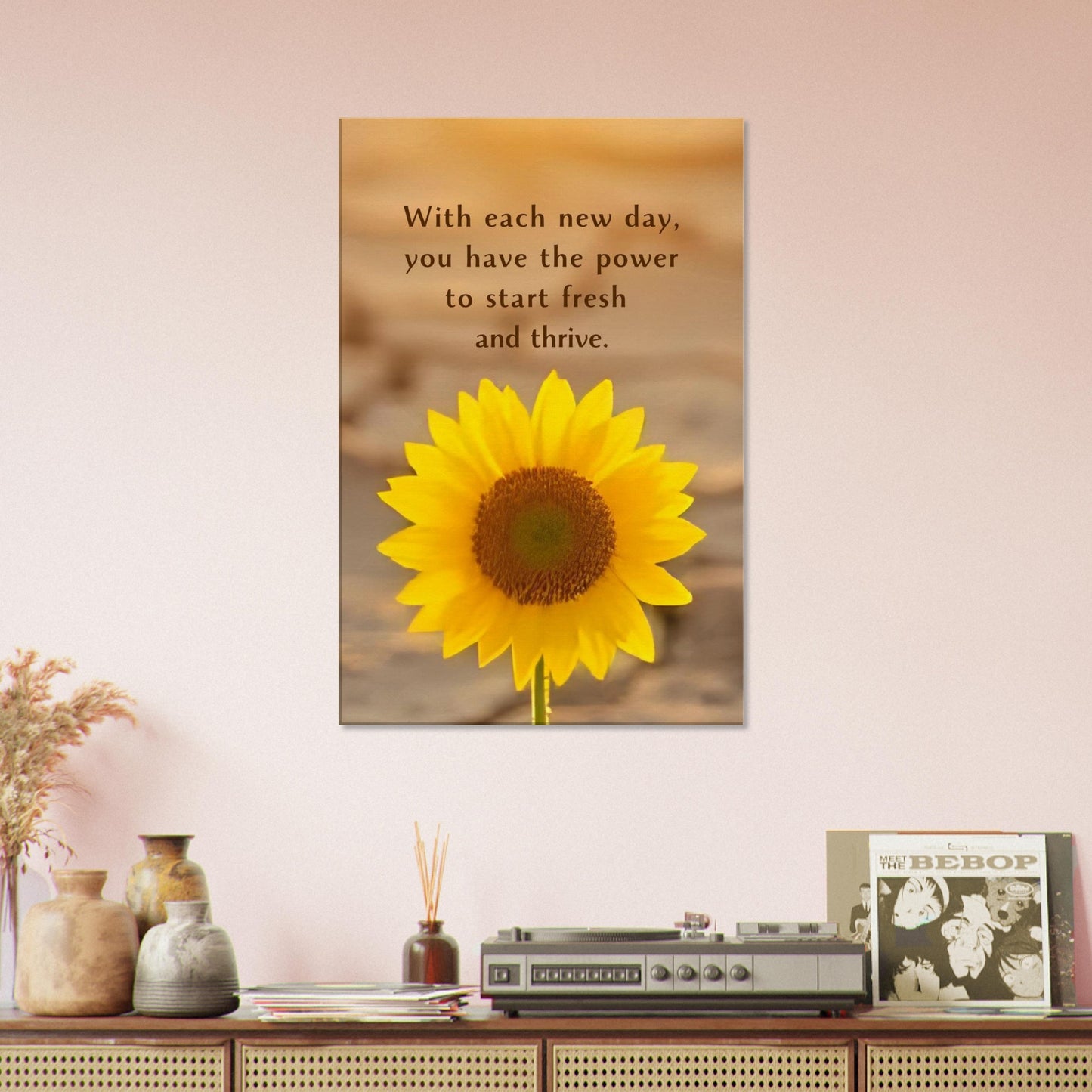 Empowering sobriety canvas wall art with yellow sunflower and message of resilience, power, and strength