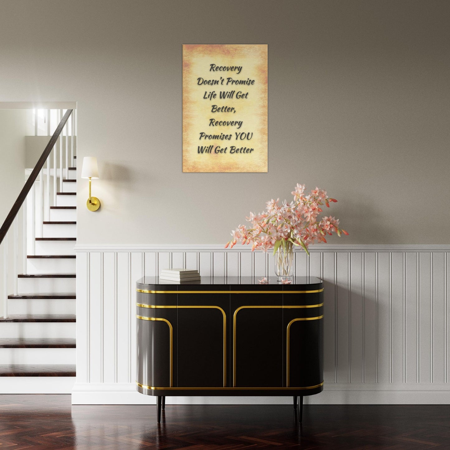 Empowering addiction recovery affirmation on aged paper-style design with focus on self-improvement