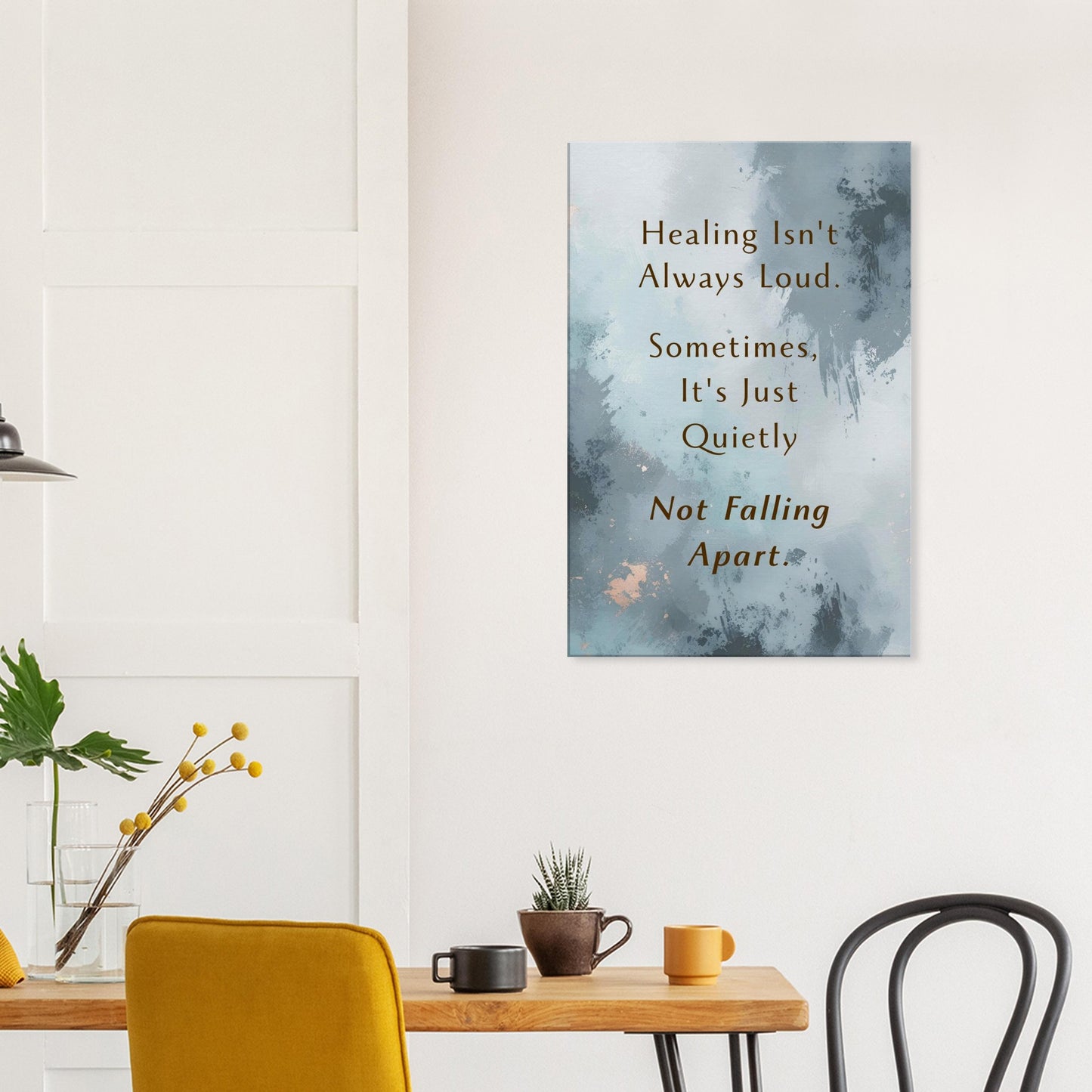 Vertical recovery canvas print with quiet healing quote over soft textured background in bronze and gray tones