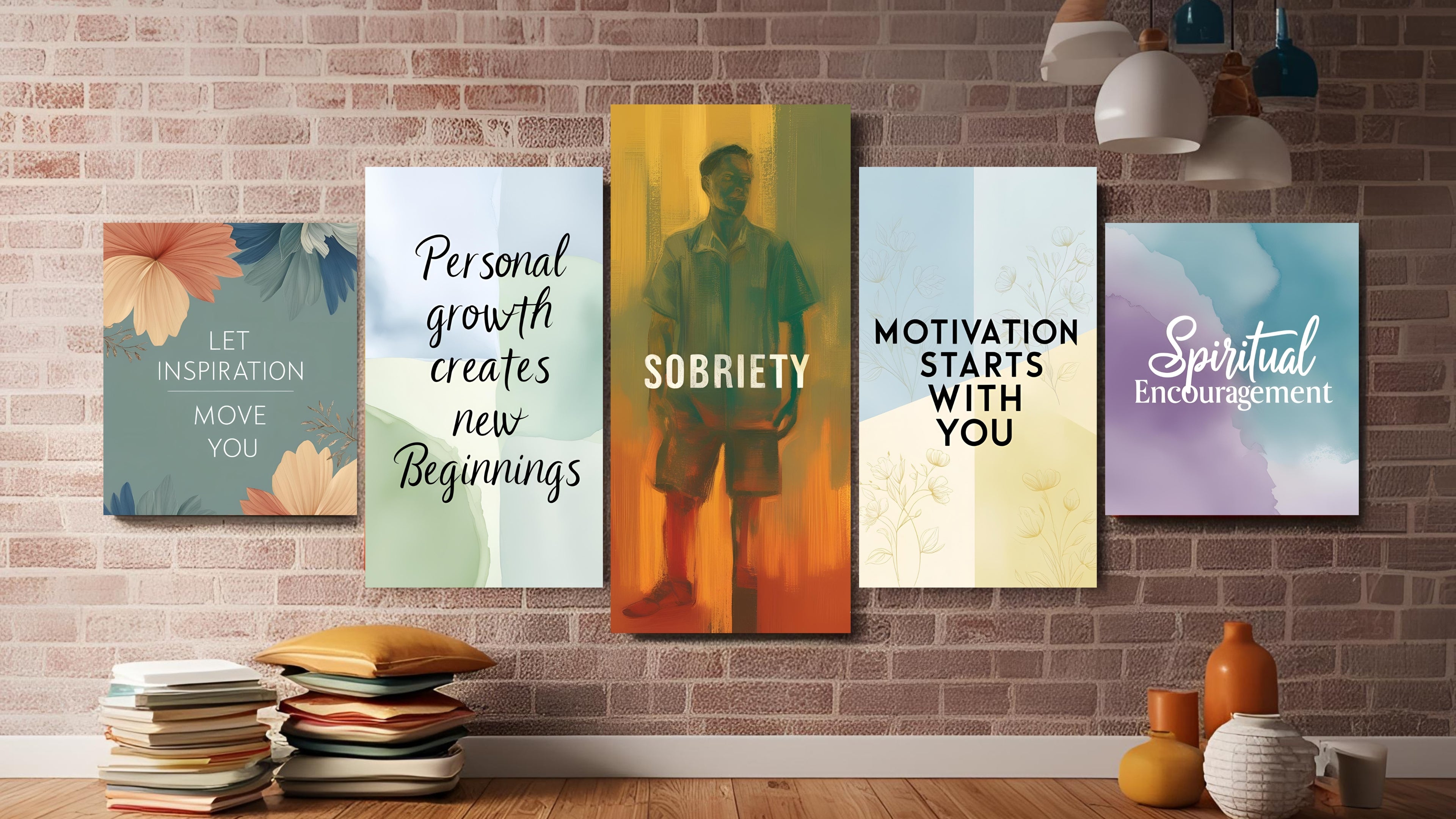 Five inspirational canvas prints with messages about sobriety, growth, and encouragement displayed on a brick wall above floor cushions
