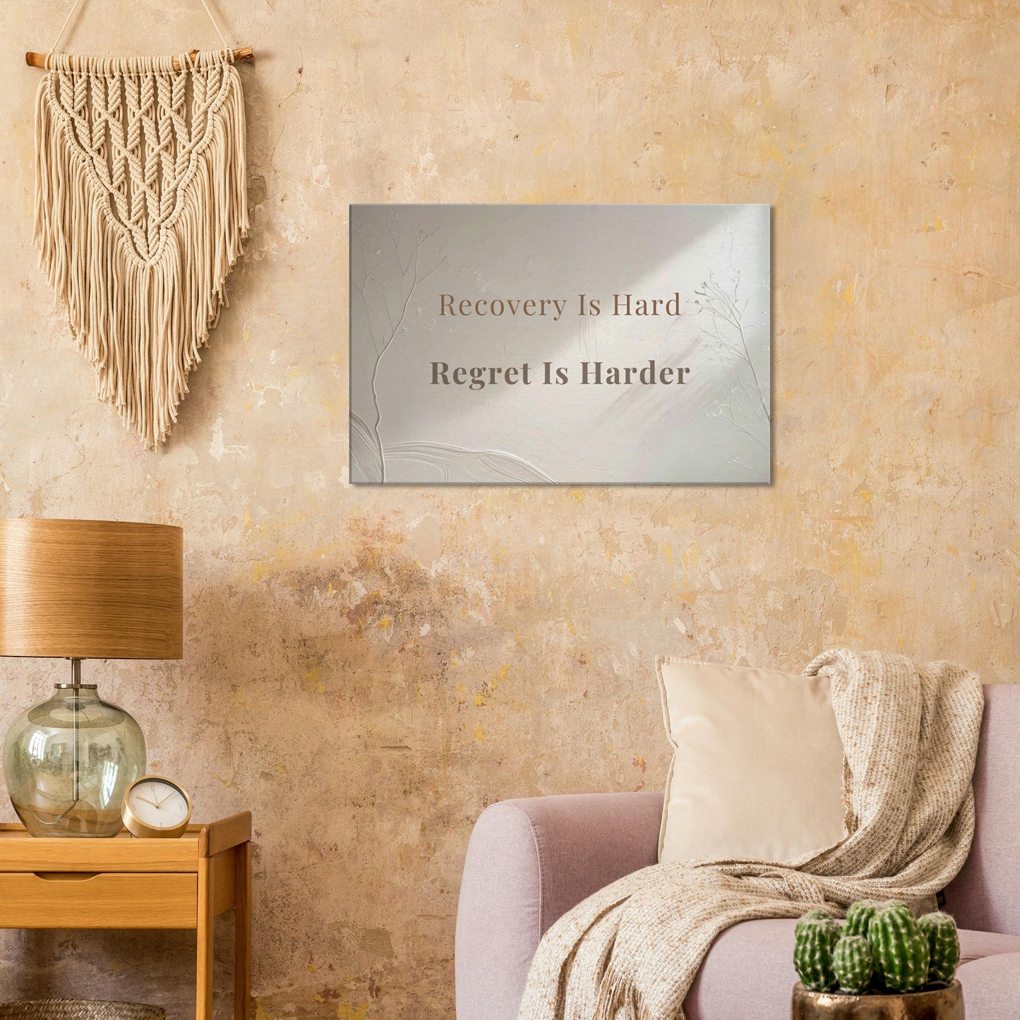 Sober Canvas recovery wall art featuring healing message on warm textured background