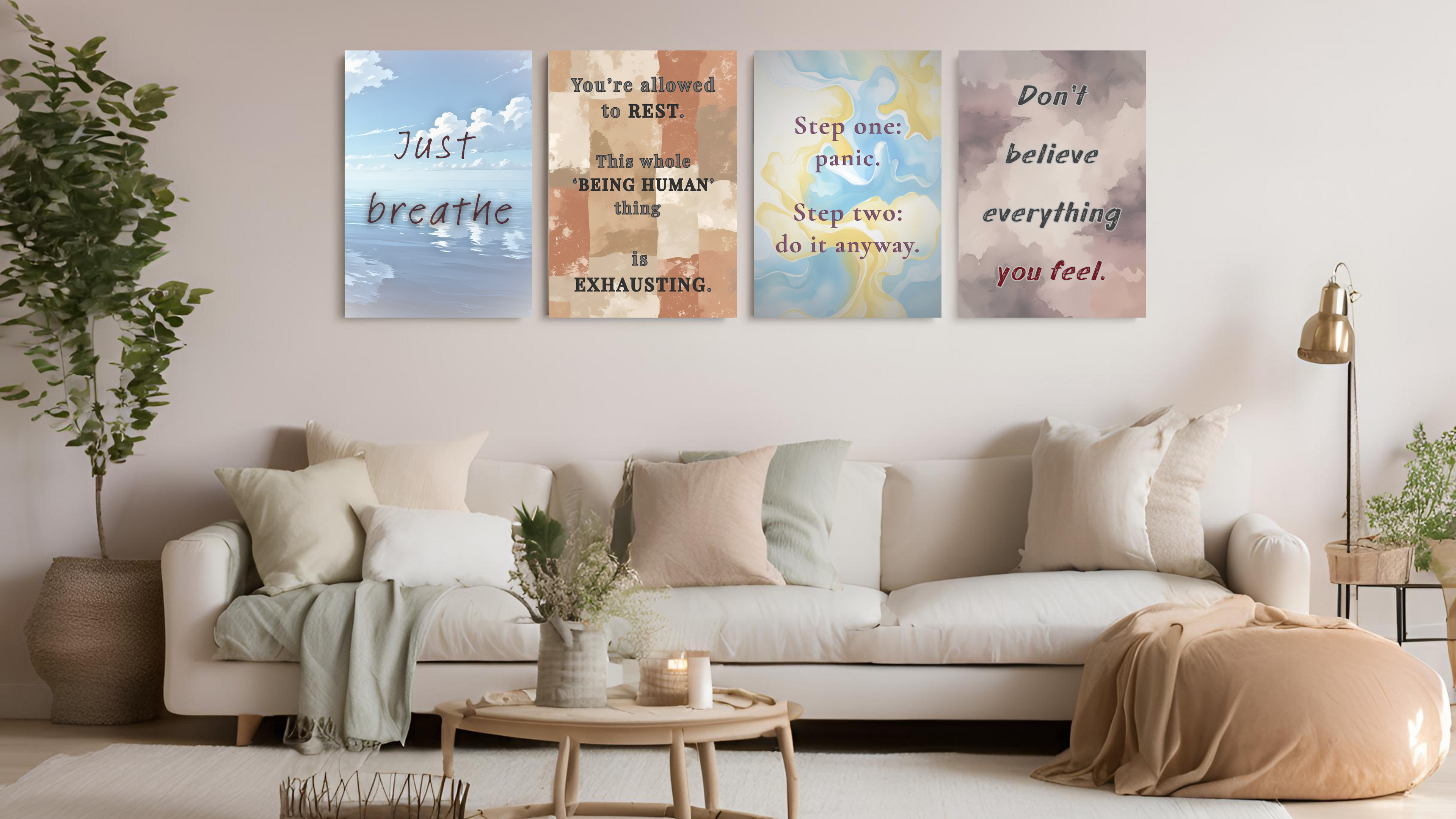 Four inspirational canvas prints with recovery quotes displayed above a cozy neutral-toned couch in a modern living room