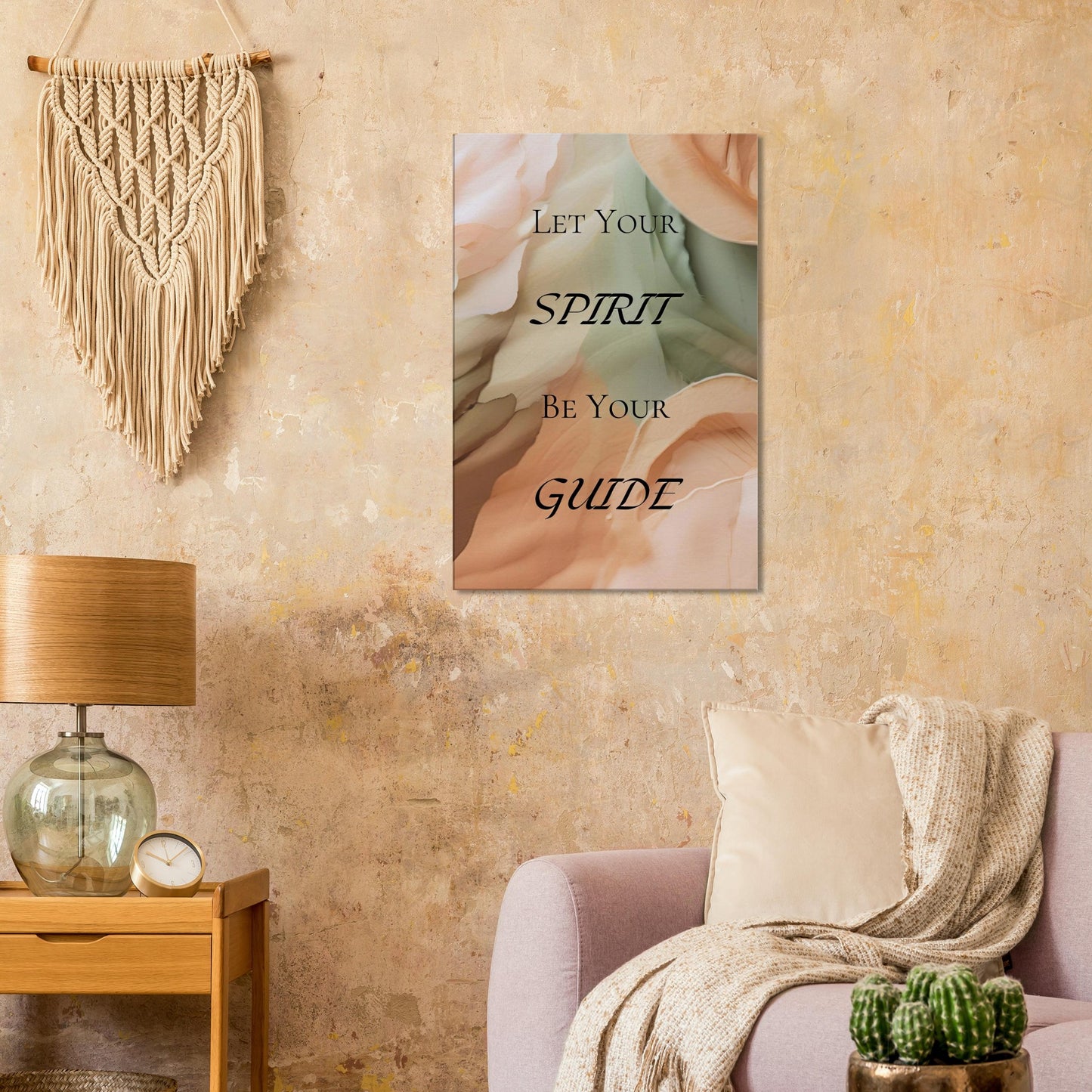 Calming spiritual wall decor with pastel color palette and faith-focused quote
