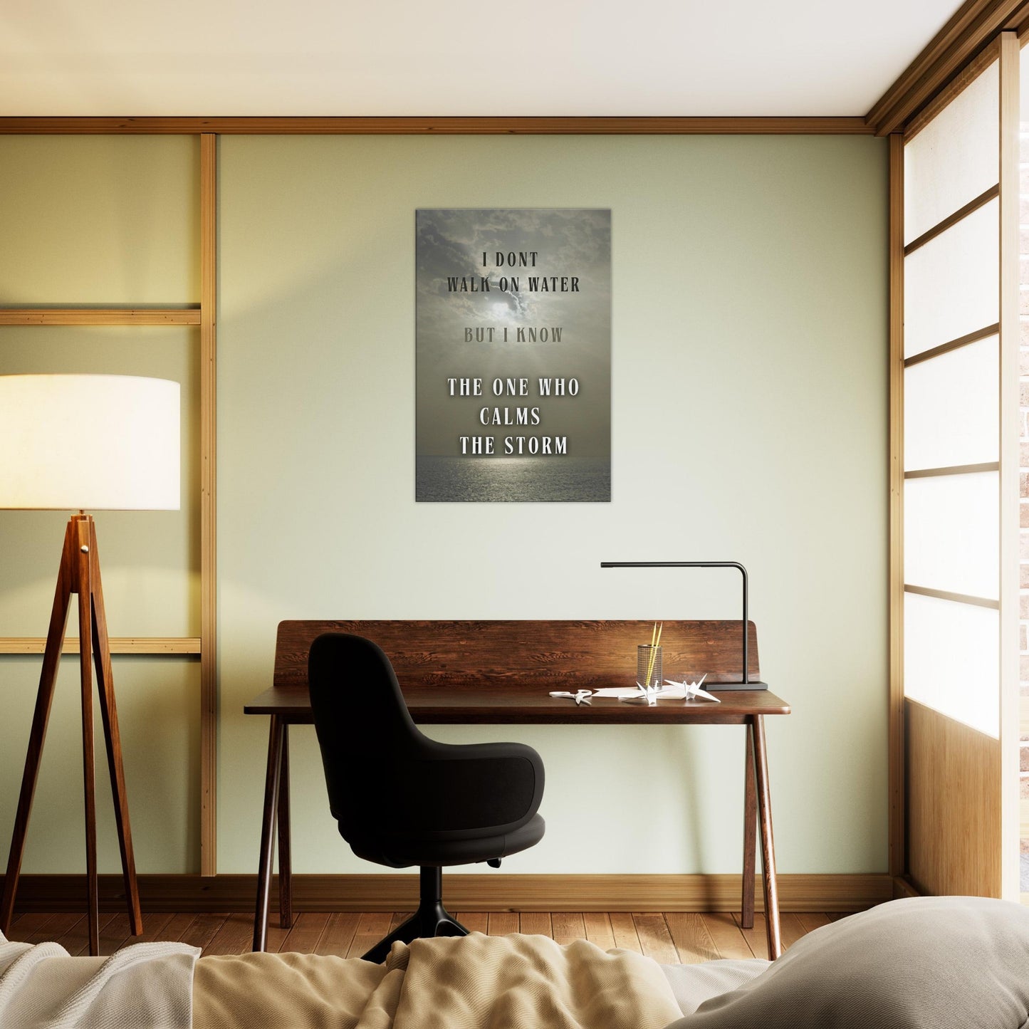 Christian-inspired decor with storm clouds and calming light design