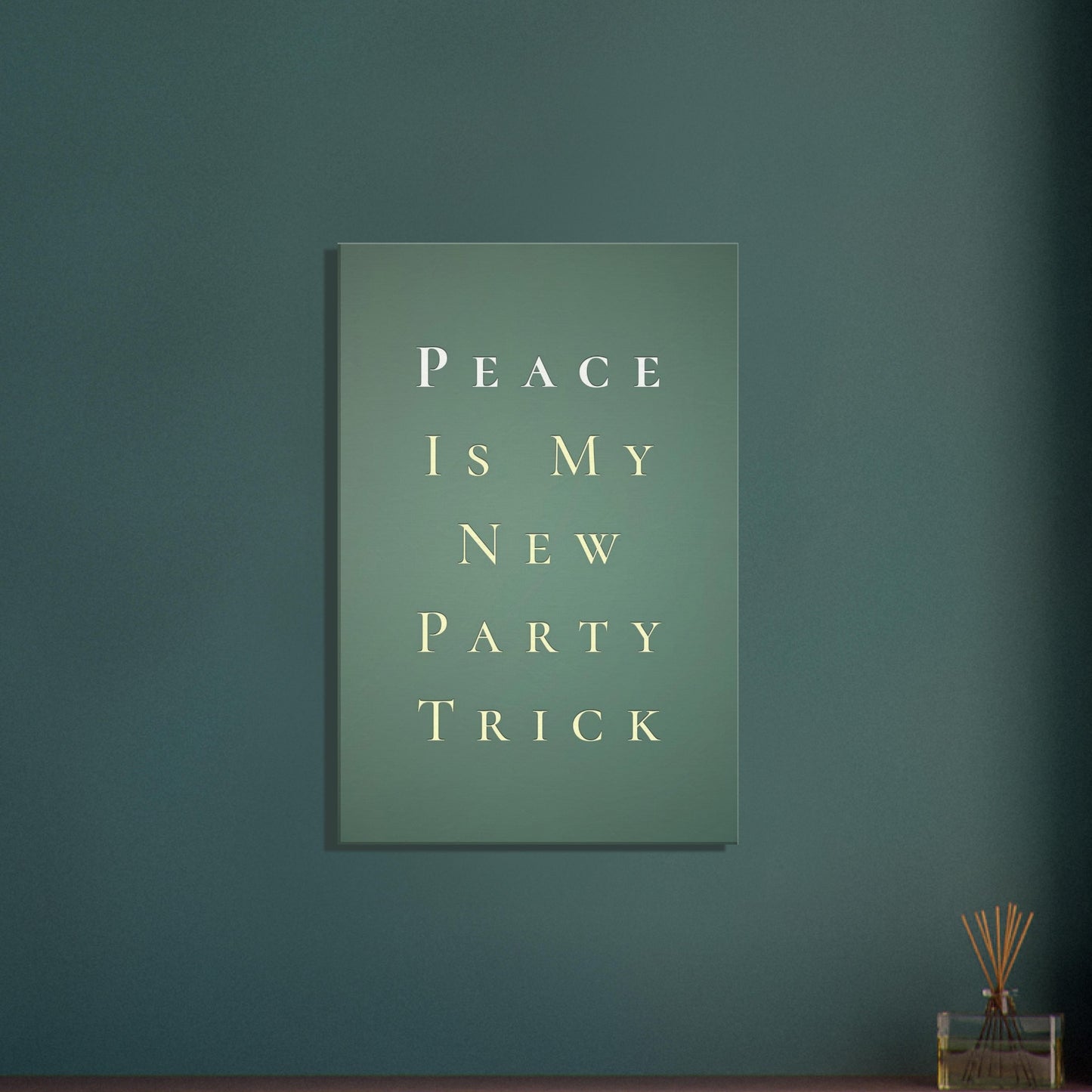 Spiritual wall art in sage green with playful sobriety quote “Peace Is My New Party Trick.”