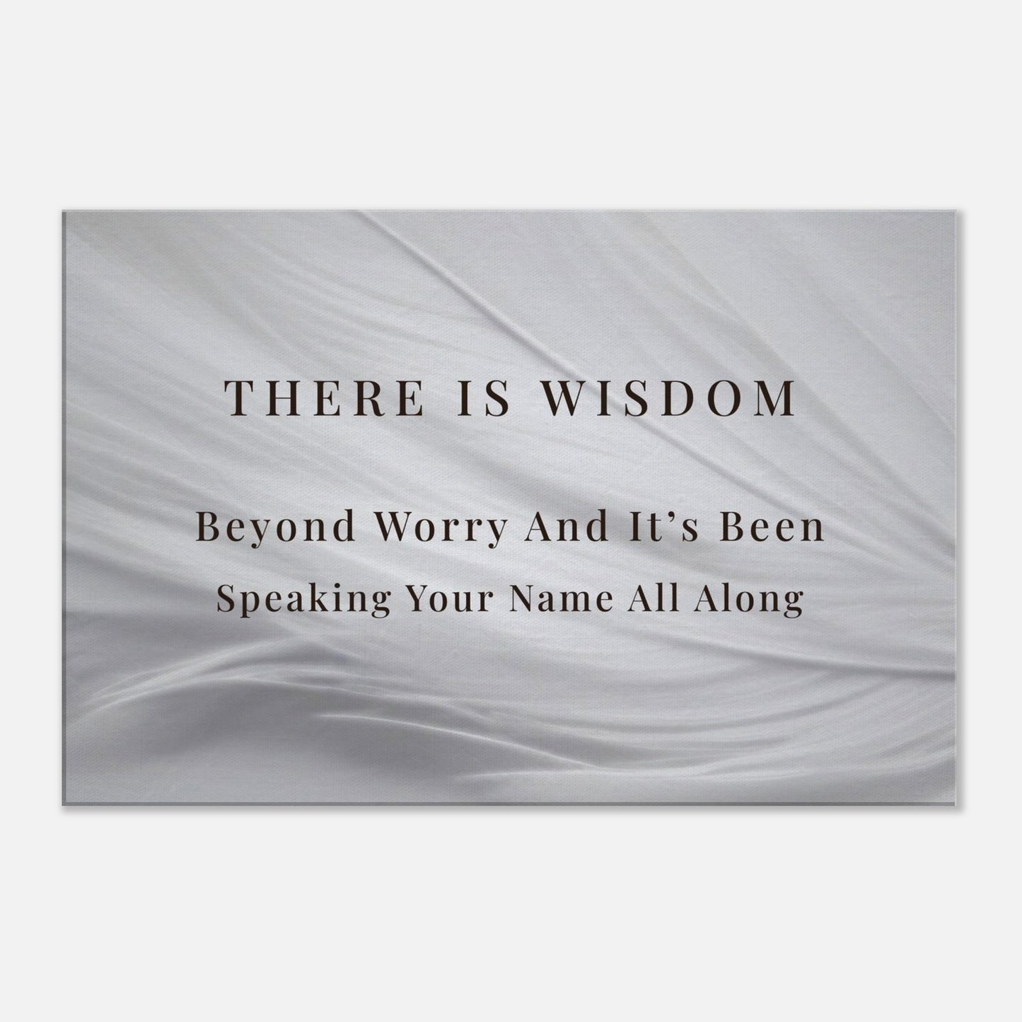 Horizontal spiritual canvas print with misty mountain background and quote: “There is a wisdom beyond worry.”