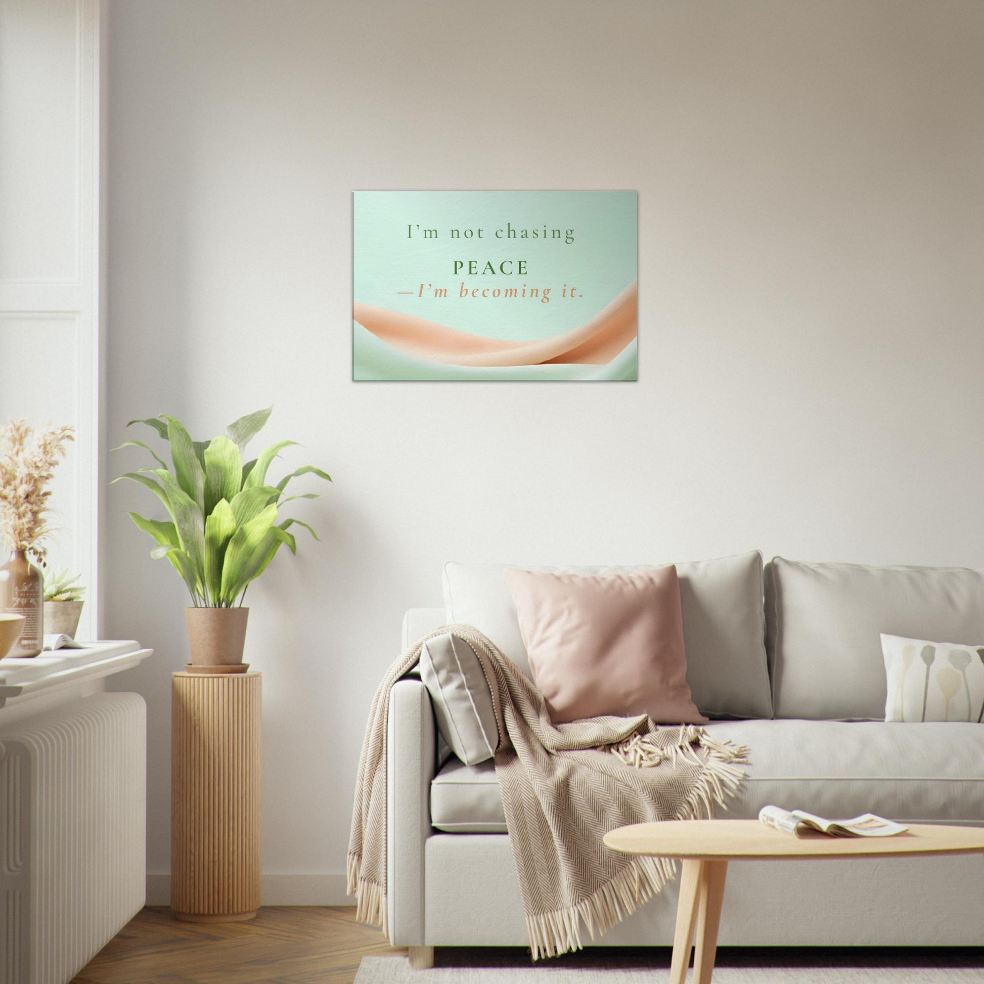 Serene abstract spiritual canvas with soft flowing textures and motivational quote centered on becoming peace


