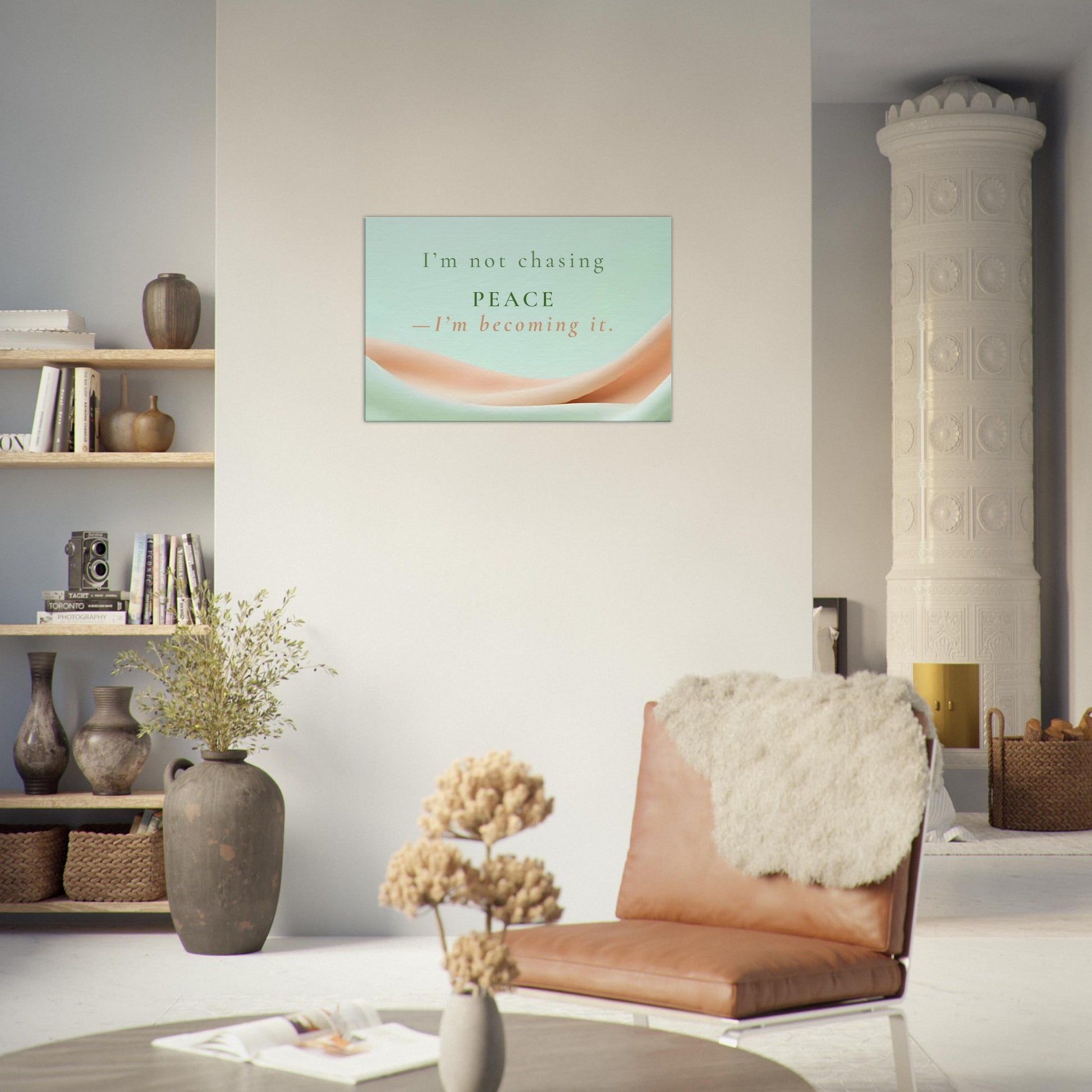 Mint and coral canvas wall print with empowering message of self-acceptance and gentle transformation

