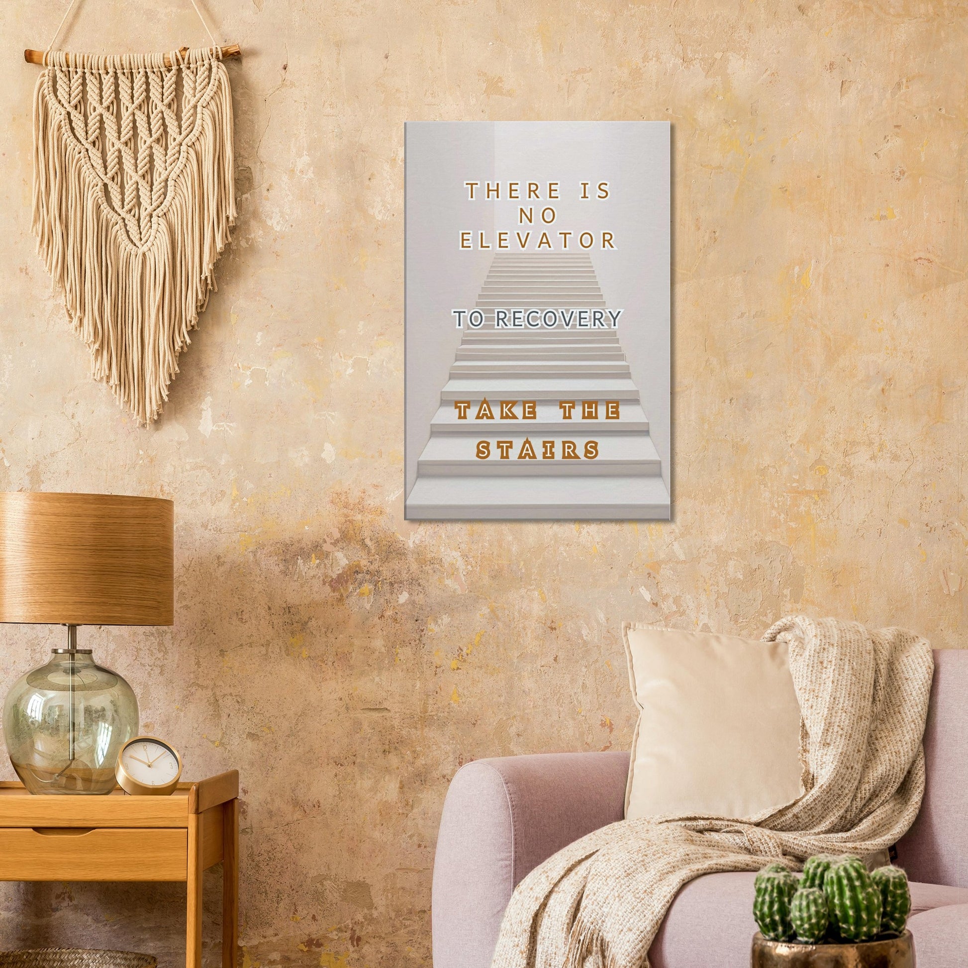 Inspirational wall art with off-white background and stairs leading upward