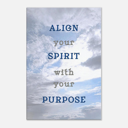 Spiritual canvas art with quote "Align Your Spirit With Your Purpose" and cloud-filled blue sky