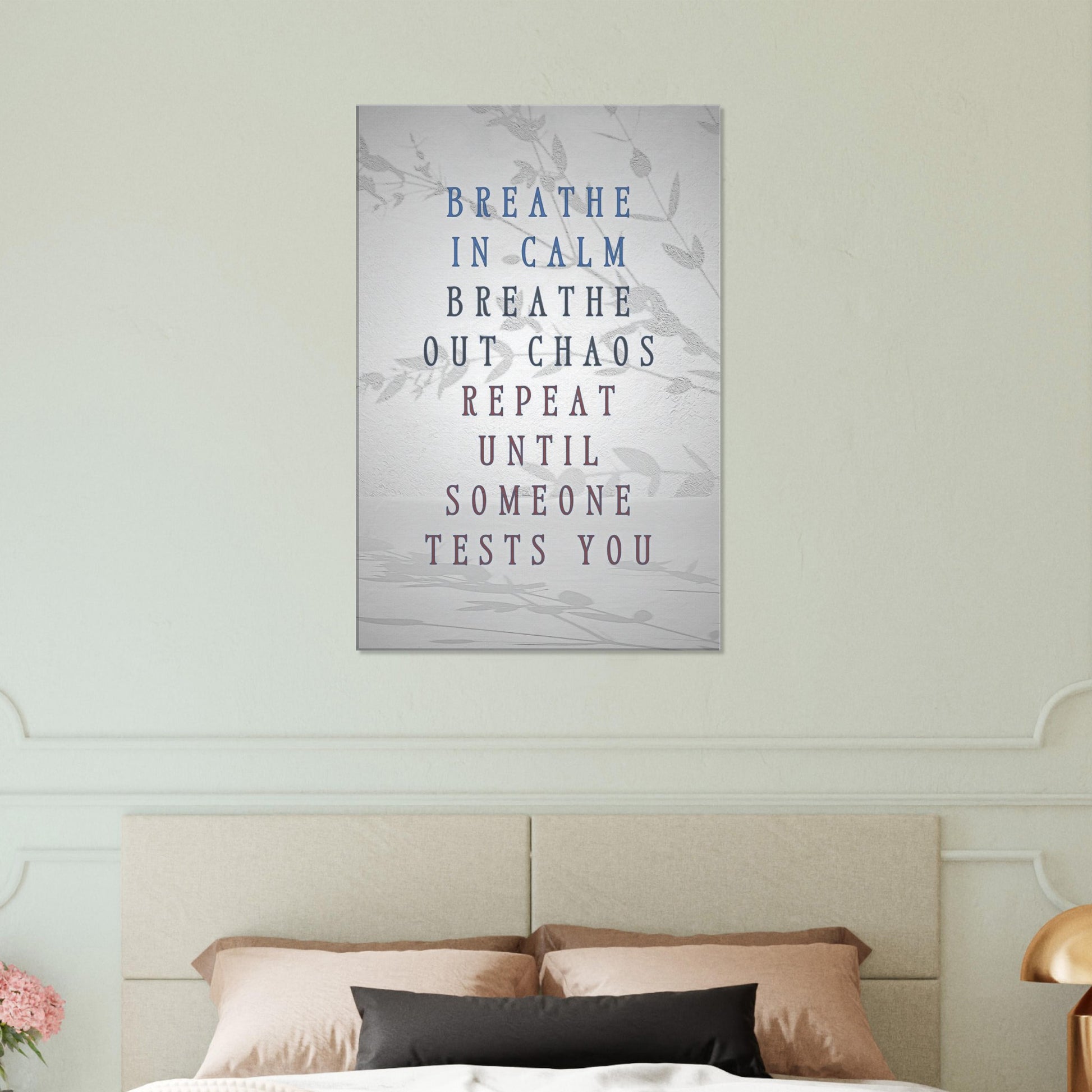 Canvas art with a light transparent white background and crawling vines with a quote focused on inner peace and spirituality. 