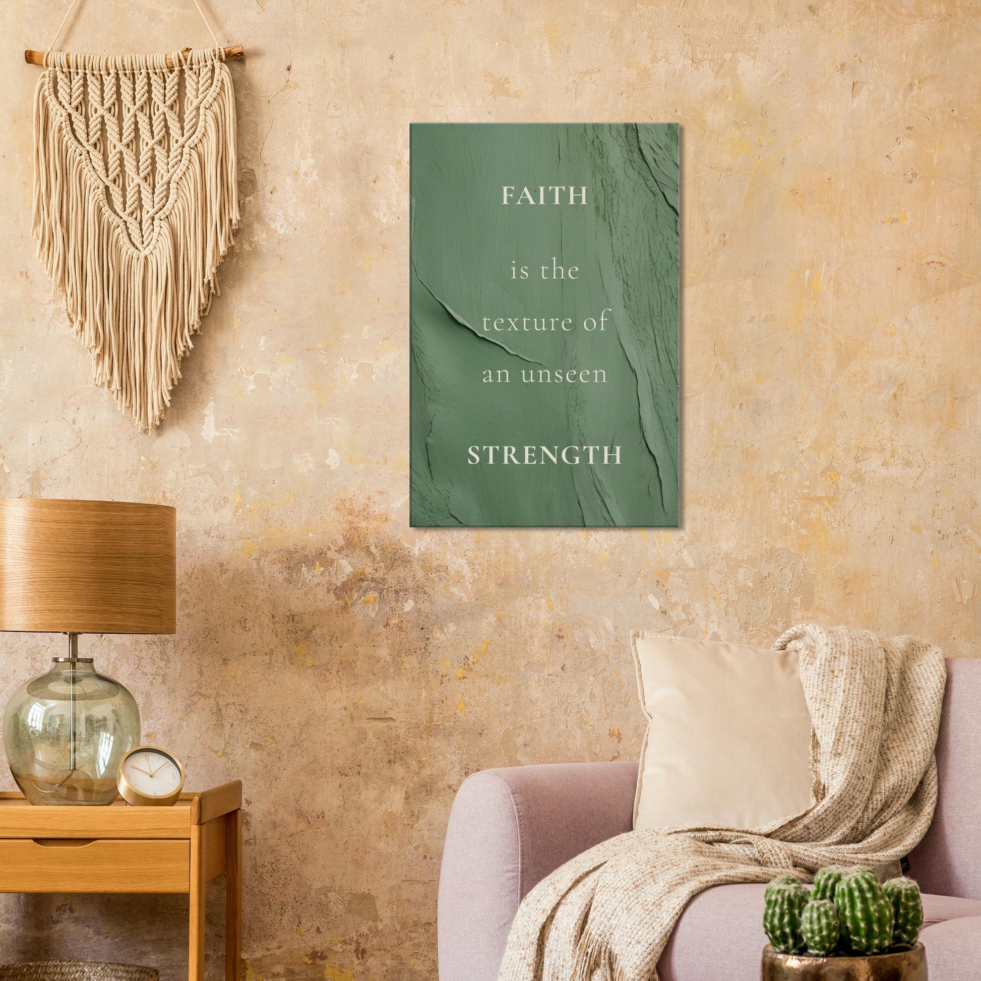 Minimal wall art with white text on deep green and faith-centered message

