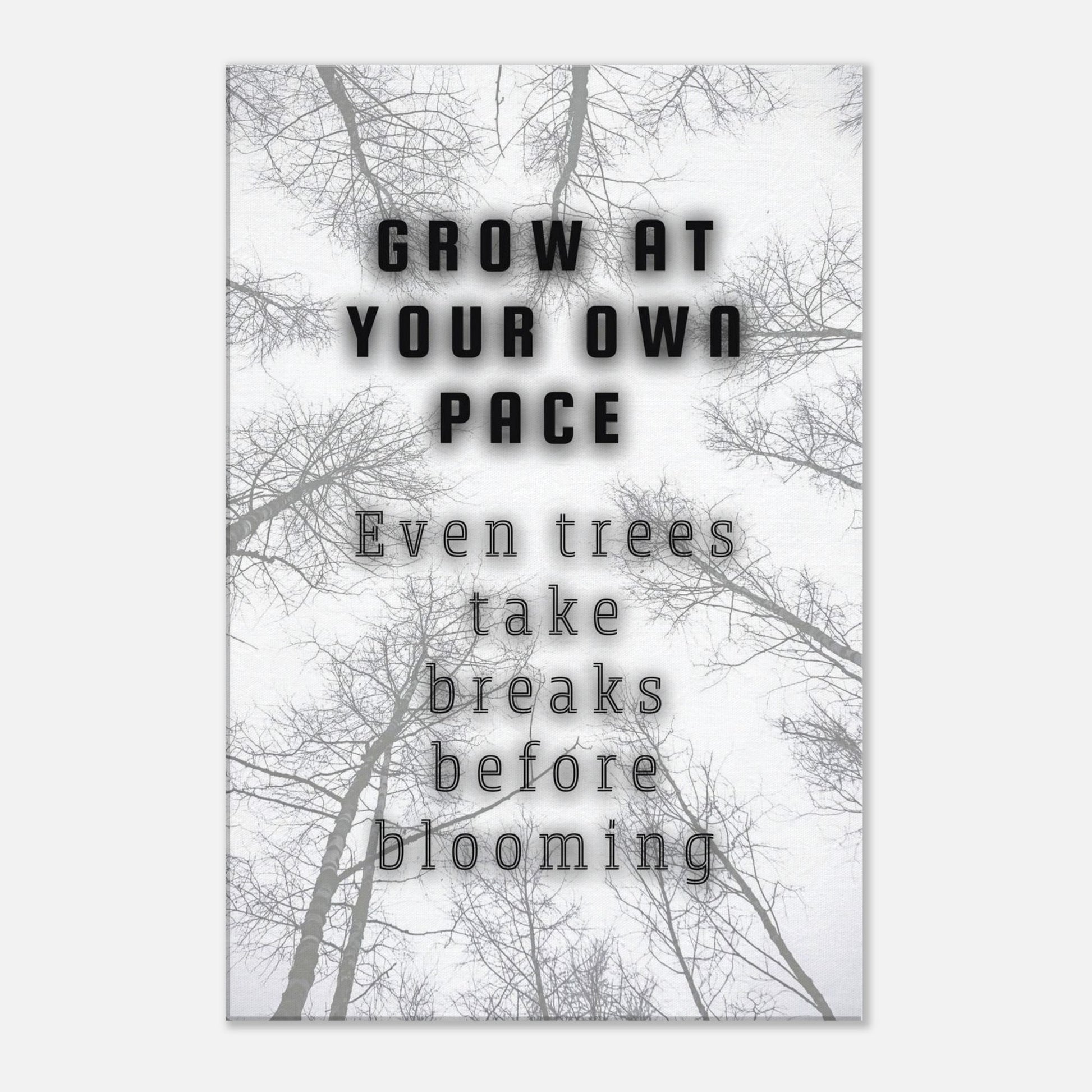 Bare branches and bold lettering on a clean canvas reminding viewers to grow at their own pace

