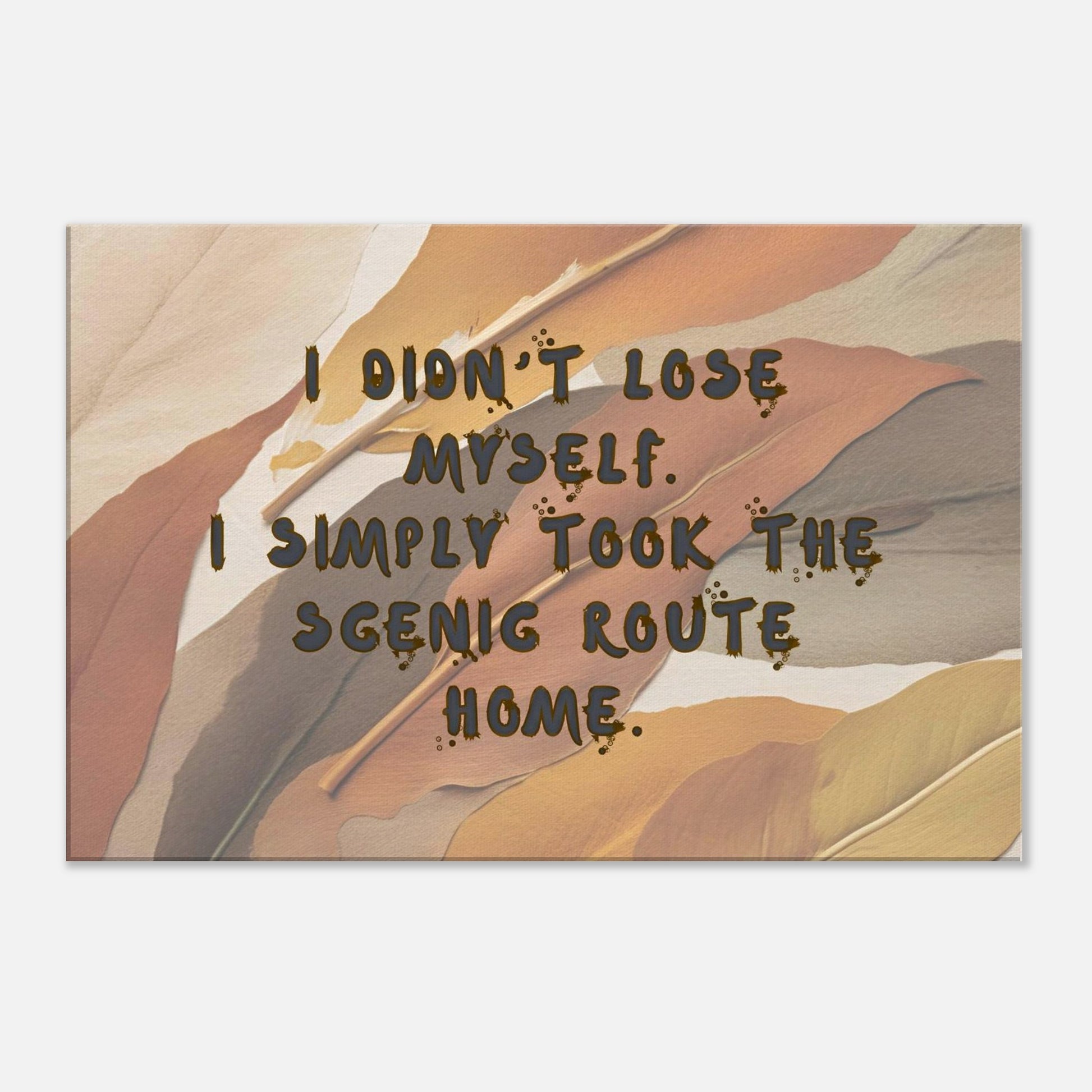 Emotional canvas featuring messy paint-style text over multi-colored fall-inspired leaf backdrop

