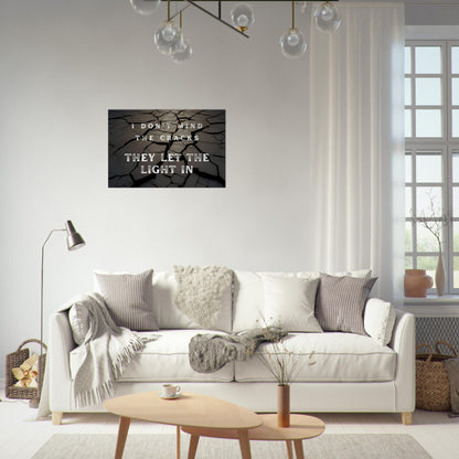 Black and gray wall art with spiritual quote and glowing crack design

