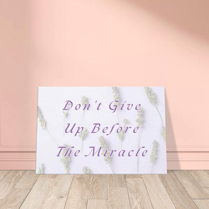 Inspirational wall art with violet background and delicate flower imagery
