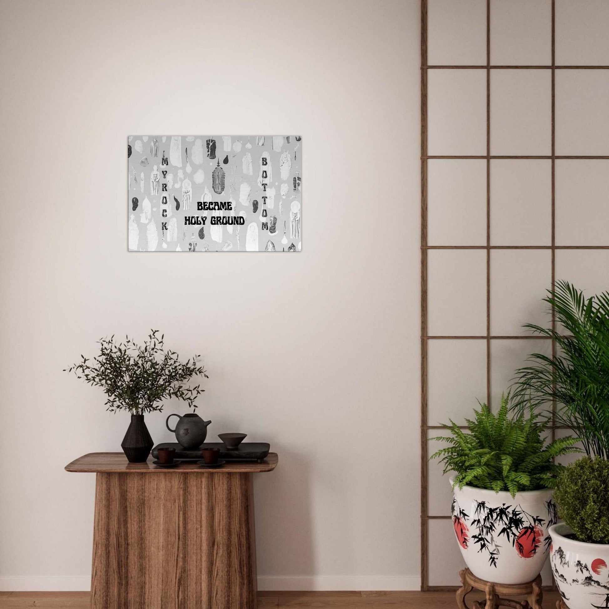 Bold monochrome decor featuring faith-centered quote and spirit figures

