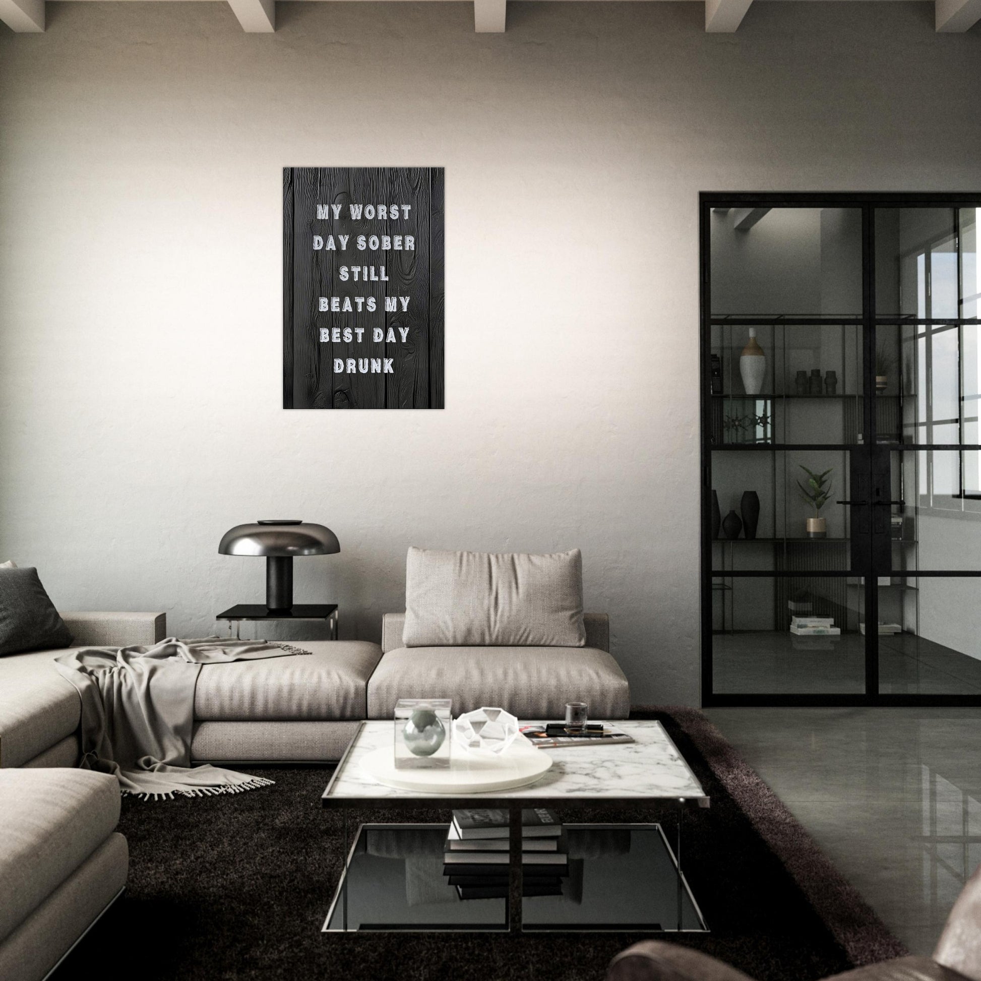 Recovery quote art on rustic black wood background. 