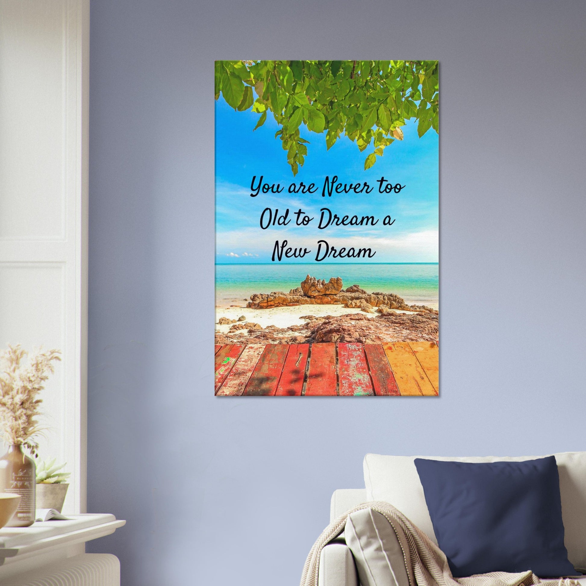 Beach-themed inspirational quote art with blue skies and gentle waves promoting second chances

