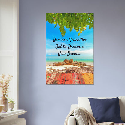 Beach-themed inspirational quote art with blue skies and gentle waves promoting second chances

