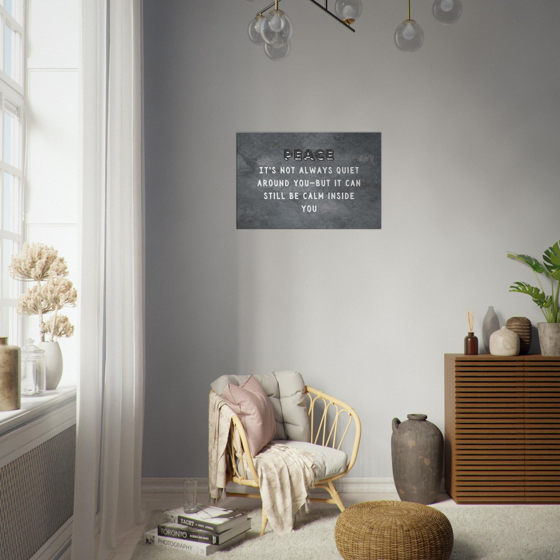 Smooth charcoal background with a quote of Peace and the Calm Inside to reflect internal tranquility and balance. 