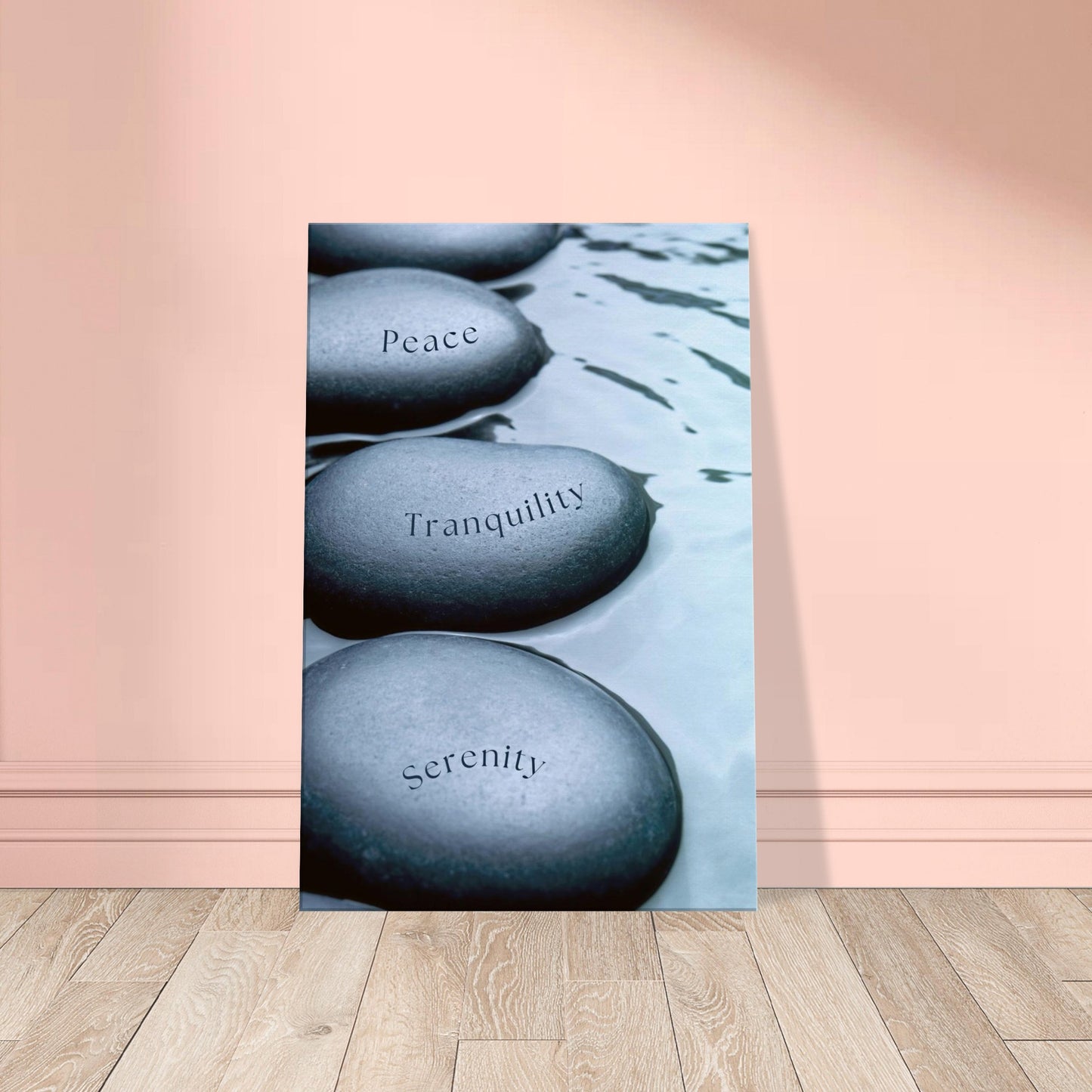 Canvas print with peaceful design and emotional keywords etched on stones for inner calm

