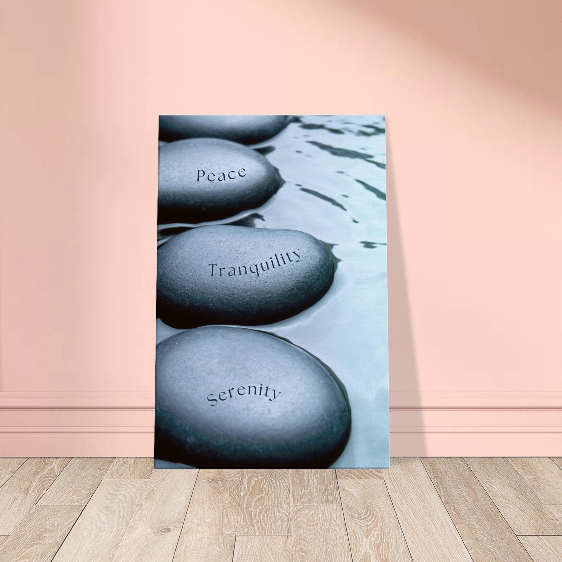 Canvas print with peaceful design and emotional keywords etched on stones for inner calm

