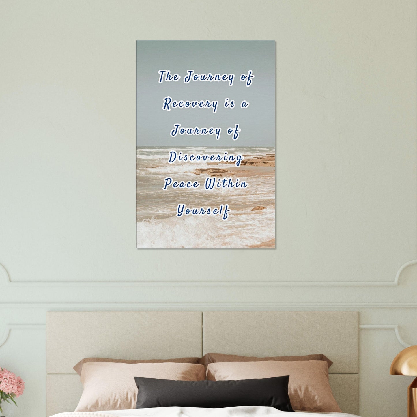 Motivational canvas print featuring sandy shore and peaceful quote