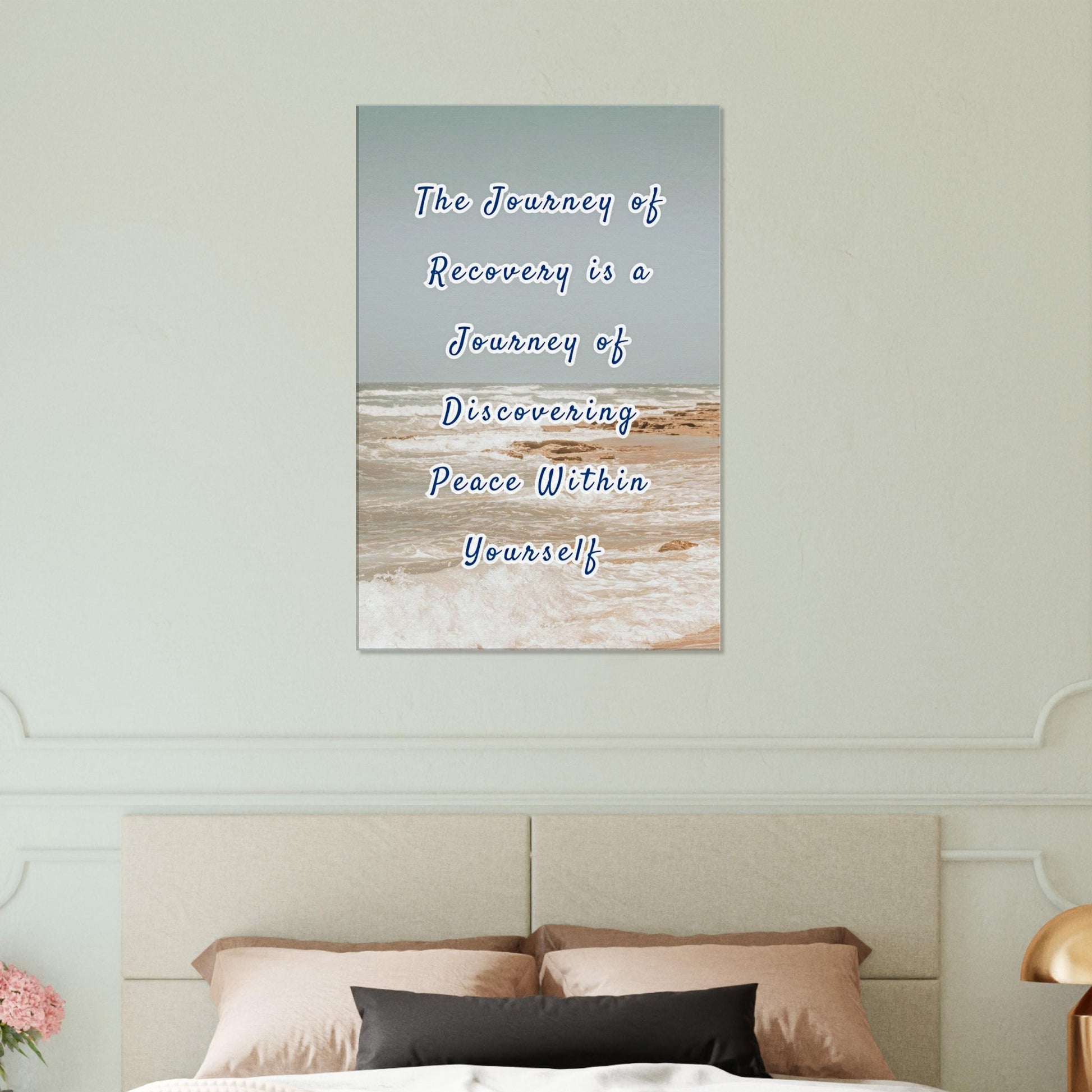 Motivational canvas print featuring sandy shore and peaceful quote